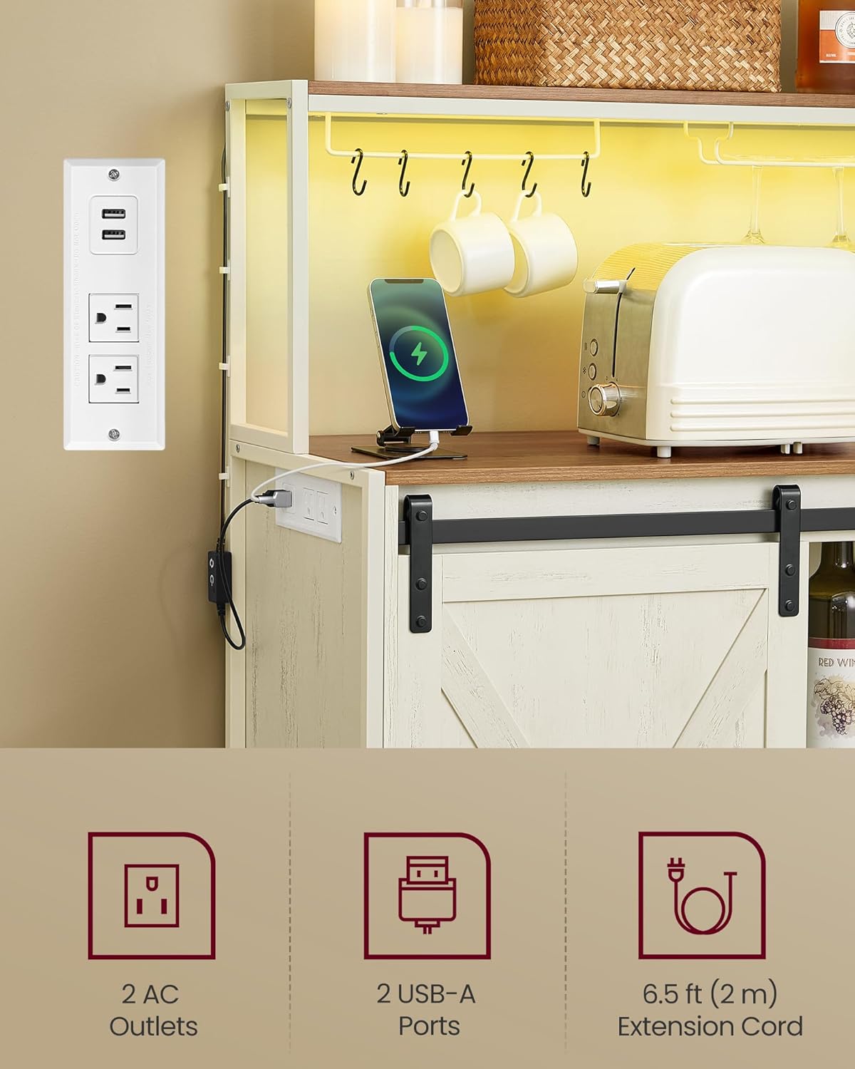 VASAGLE Coffee Bar Cabinet with Power Outlet and Voice Control LED Light, Buffet Cabinet with Sliding Barn Doors, S Hooks, Wine Glass Racks, Bottle Holders, Rustic White and Honey Brown ULSC201W01