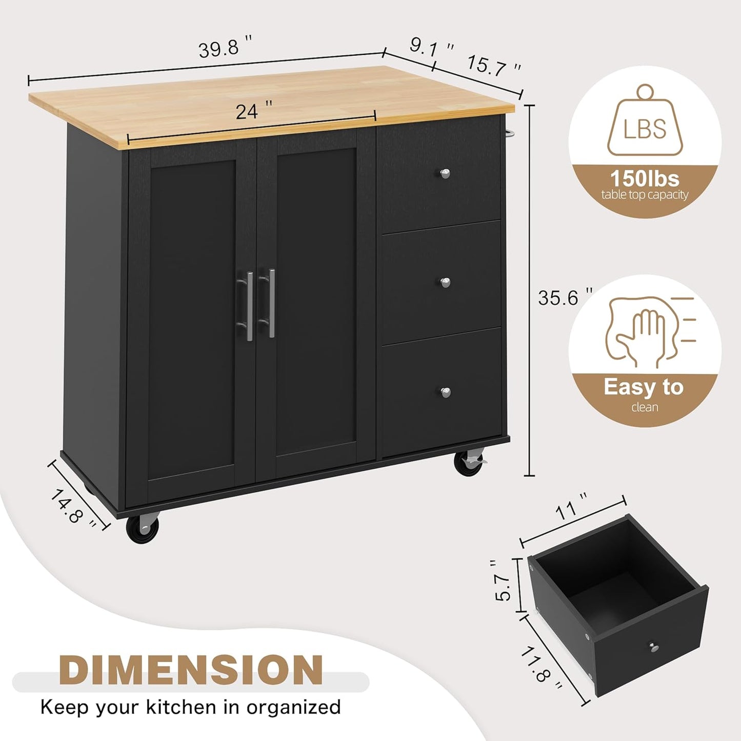 Shintenchi Kitchen Island with Folding Drop Leaf, Rolling Island Table with Storage, Kitchen Cabinet on Wheels with Seating Area for Kitchen, Bar Cart with Cabinet, Black