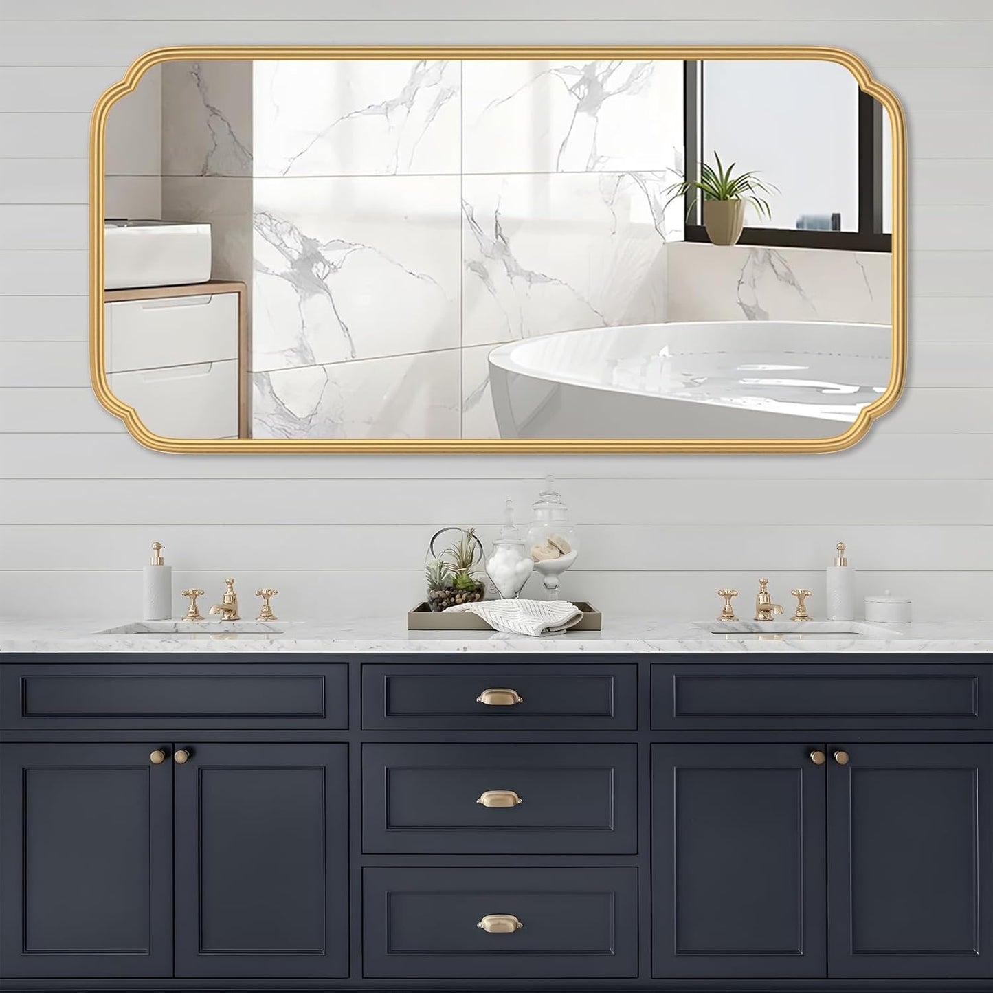 Gold Wall Mirror 48 x 24 Inch Bathroom Vanity Mirror for Over Sink Modern Rounded Corner Rectangle Wall Mirror Decorative with Non-Rusting Iron Metal Framed (Horizontal/Vertical)