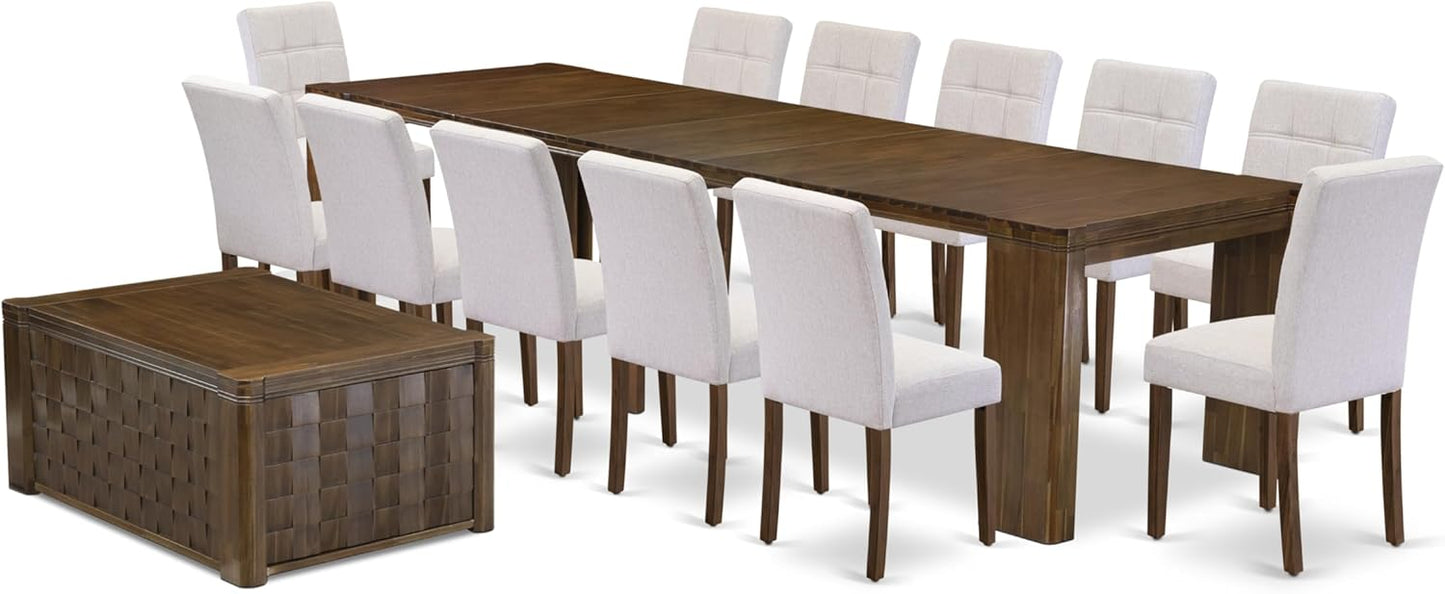 X12AS-0C8-27 - 14-Pc Dining Table Set contains an Extendable Rectangle Kitchen Table, 1 Coffee Table and 12 Polyester Fabric Dining Chairs, 39x120 Inch, Antique Walnut