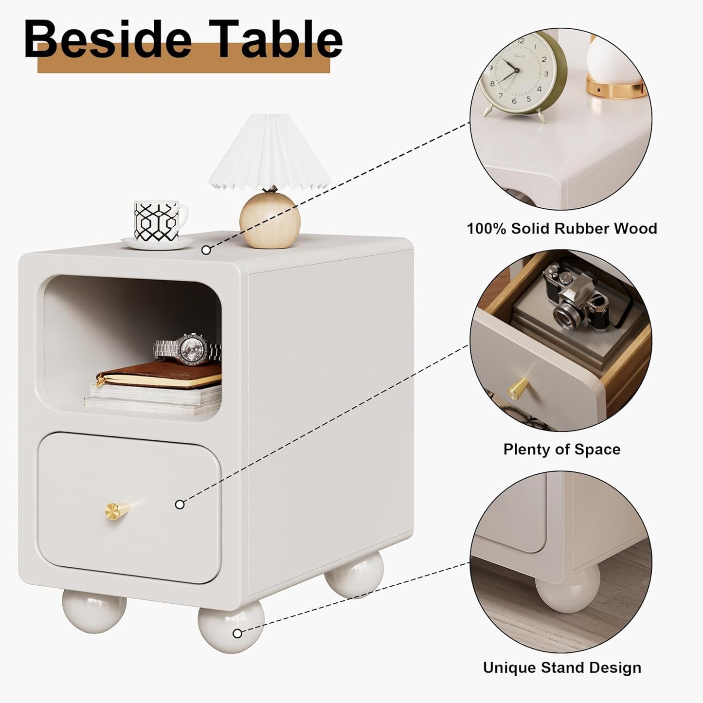 Solid Wood Nightstand, Narrow Night Stand with Drawers, White Mid Century Modern Nightstand, Small Beside Table with Open Storage Shelf for Bedroom (12 inch)