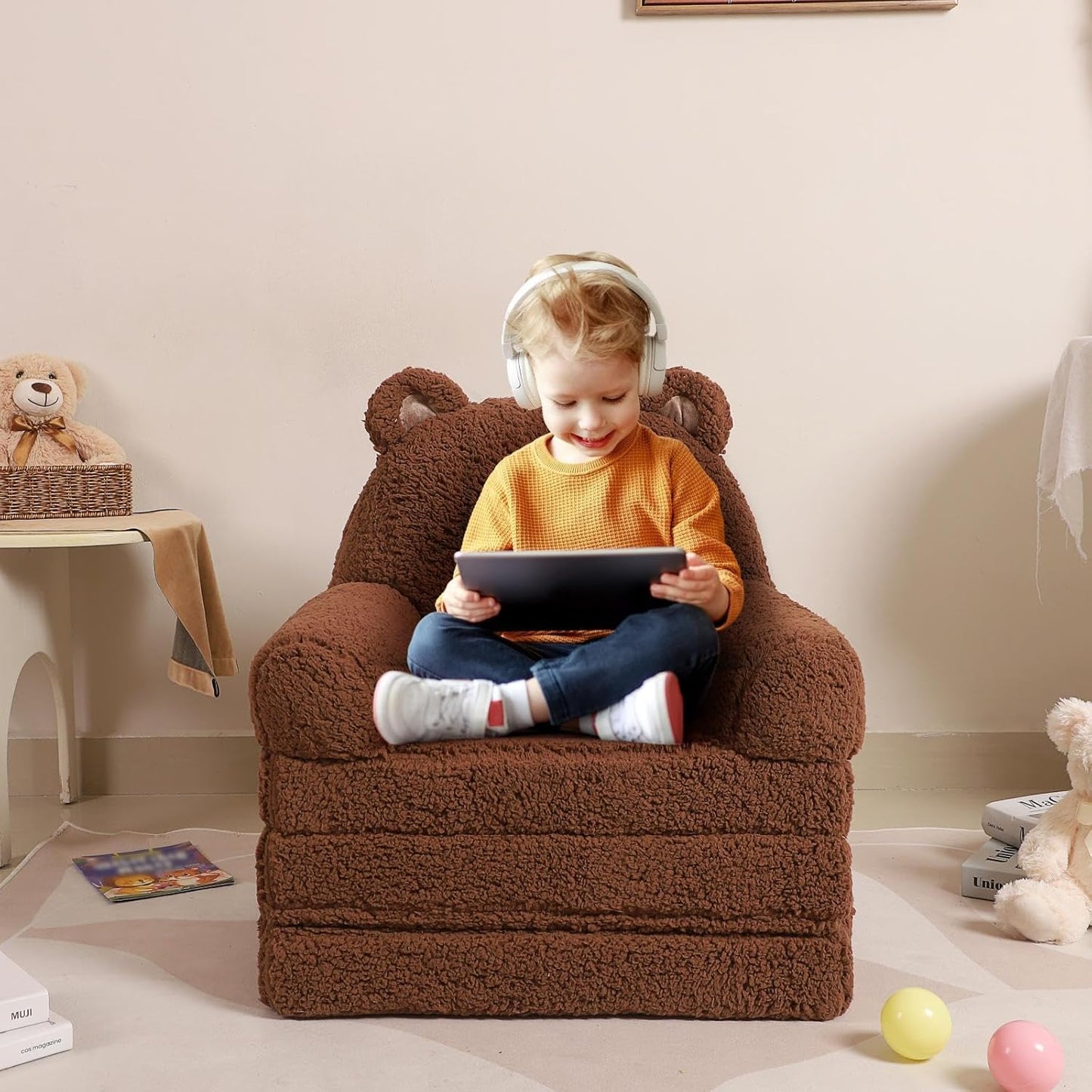Foldable Sofa for Kids, Sherpa Teddy Bear Toddler Couch With Tri Folding Foam Cushions, Comfy for Ages 3-6