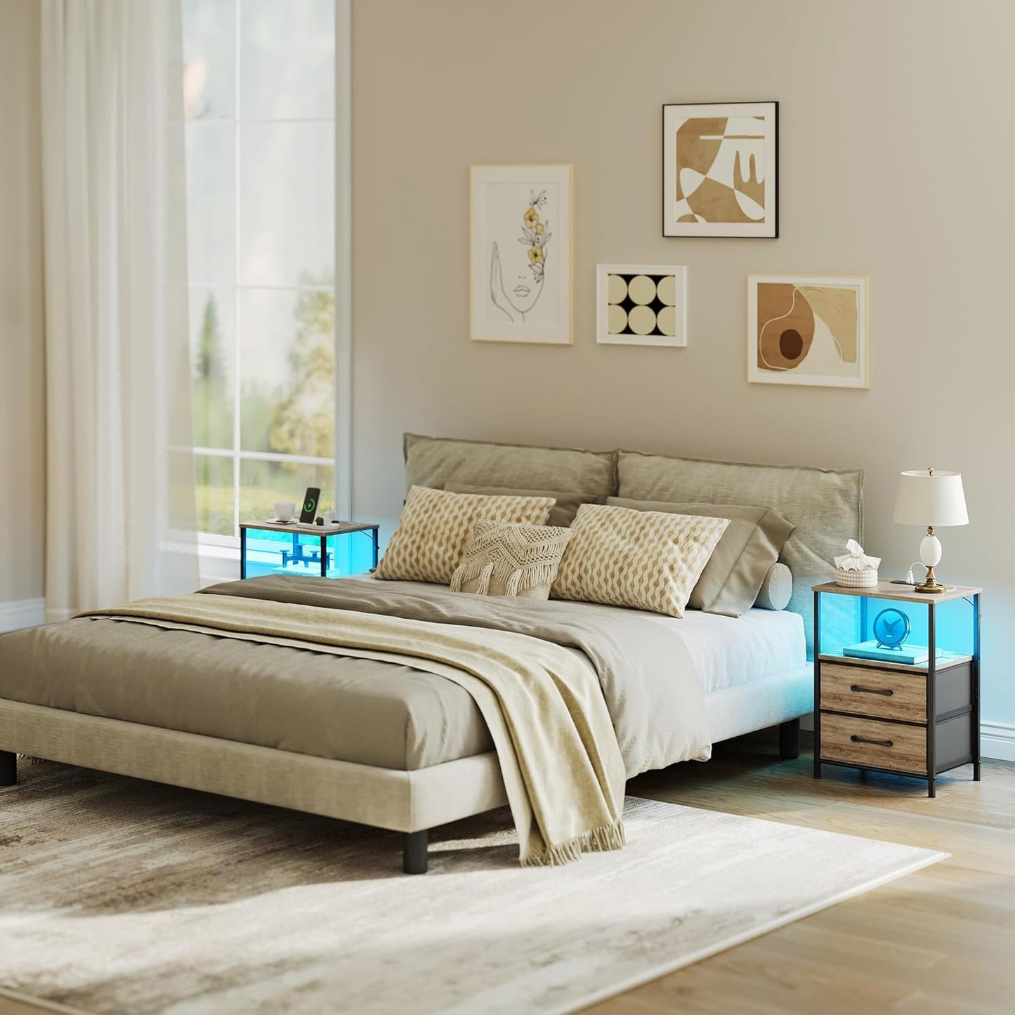 Nightstands Set of 2, Night Stand with Charging Station and Led Lights, Bedside Table with 2 Fabric Drawers for Bedroom, Small Side End Table with Open Shelf, Greige