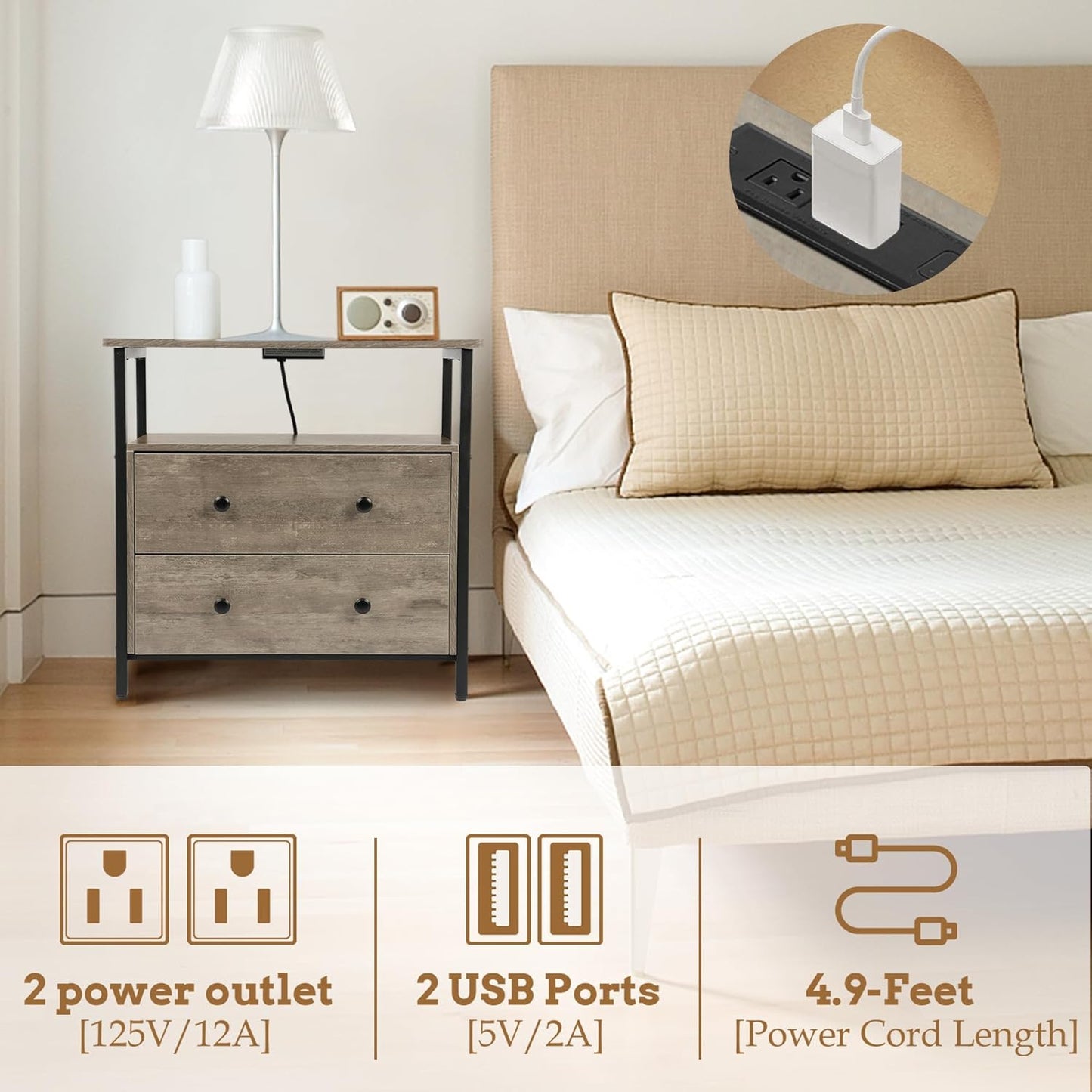 27 inch Wide Nightstand with Charging Station, Bedside Table with Open Shelf, 2 Drawers Small Wood Dresser, End Side Table for Bedroom (2 Pack,Rustic Gray)