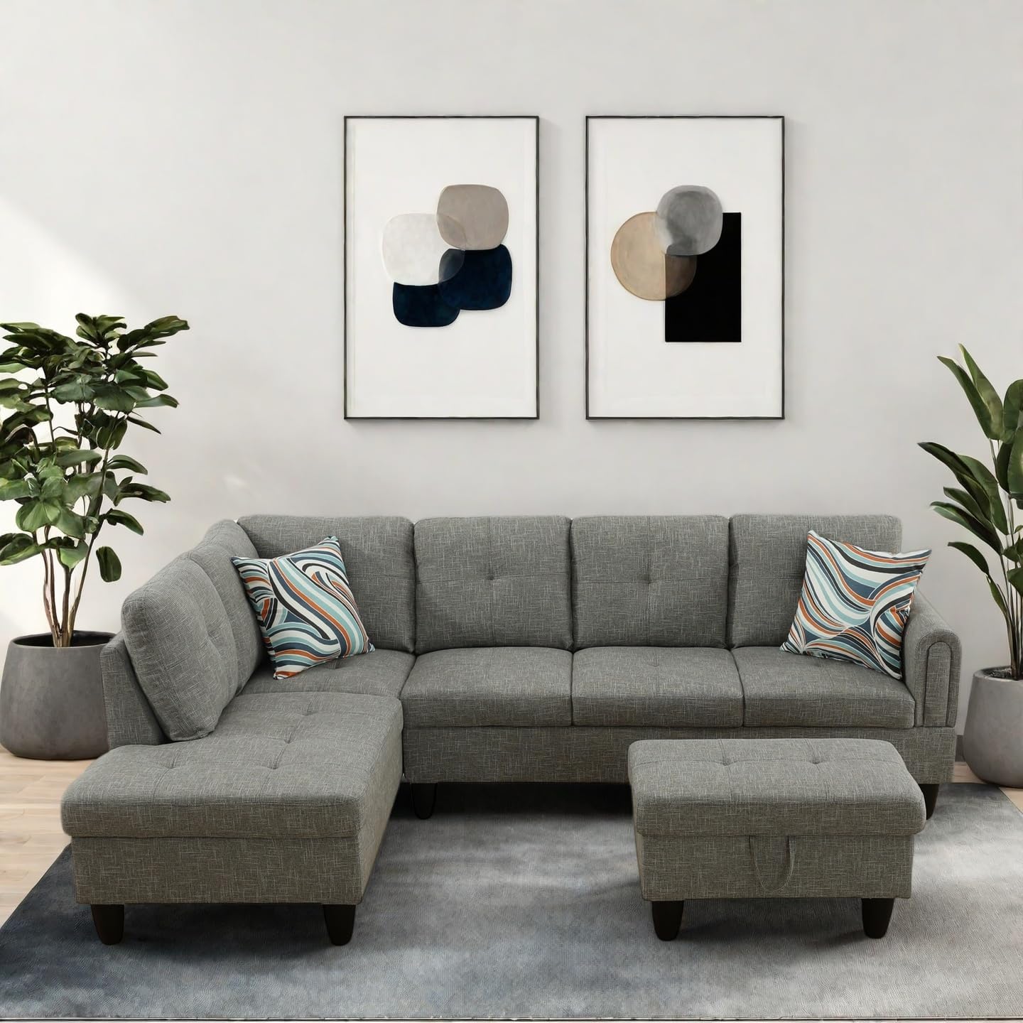 Modern Living Room Furniture Sets with Pillows, Modular Sectional Couches with Chaise Lounge, 4-Seaters L Shape Sofa with Storage Ottoman, for Living Room, Grey