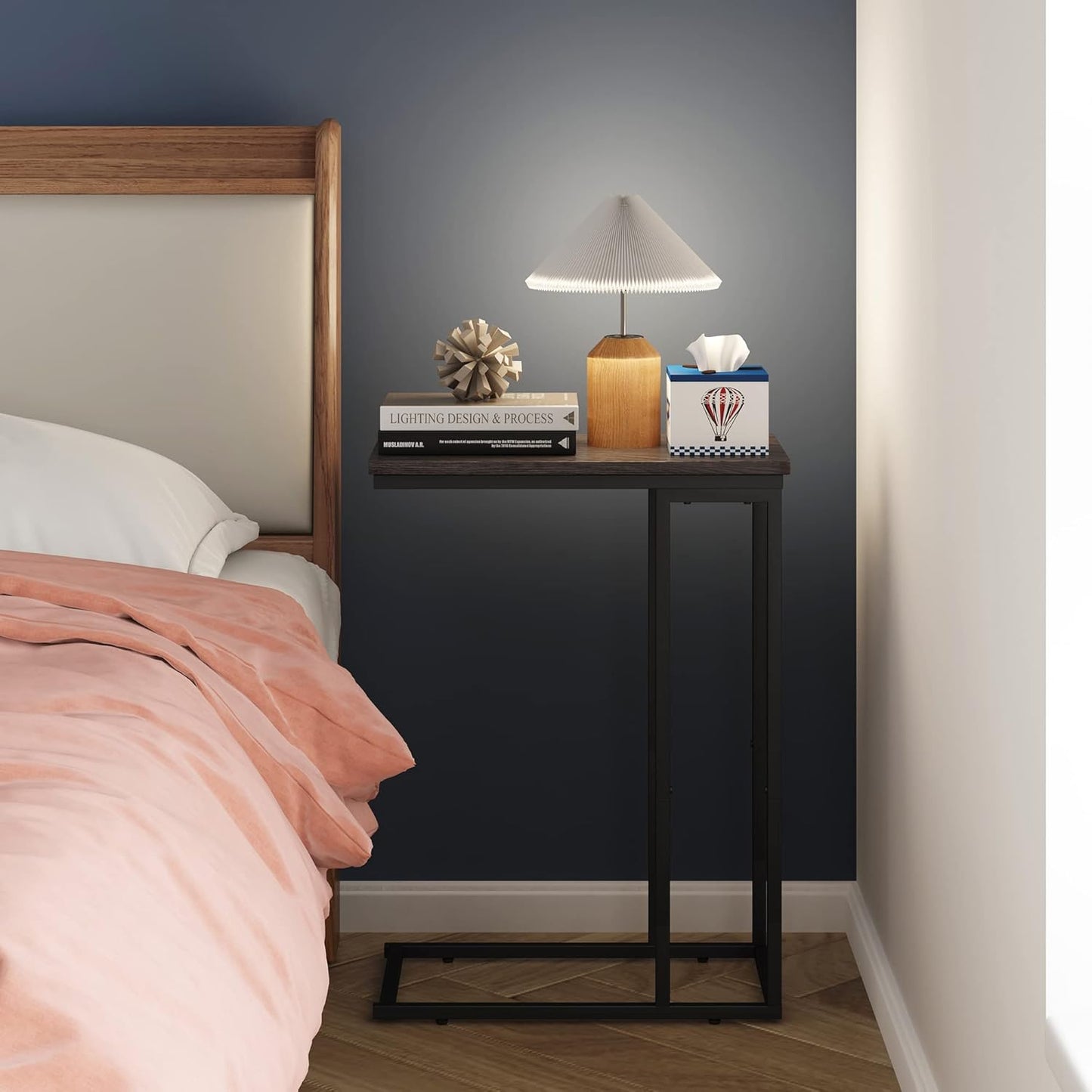 Yusong Small C Shaped End Table, Slim Narrow Couch Side Tables Slide Under Sofa Bed, Skinny Snack Tray Table for Coffee Laptop in Living Room,Easy Assembly,Grey