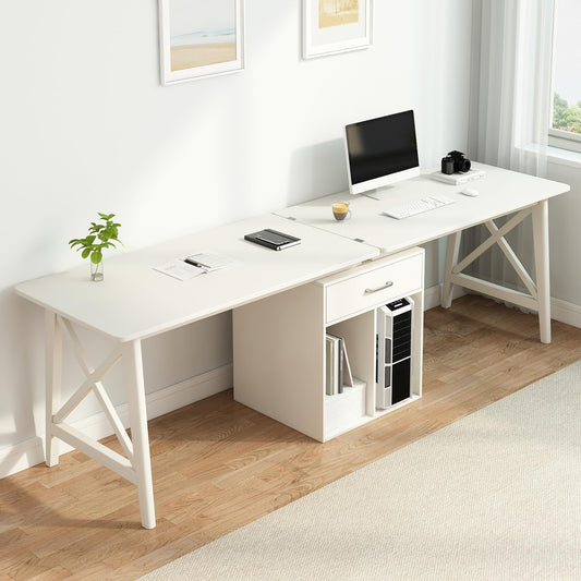 2-Person Desk with Storage Cabinet - 94" Wooden Extra Long L Shaped Table, Double Work Study Computer Workstation for Home Office, White, 94" W x 24" D