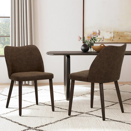 COLAMY Upholstered Dining Chairs Set of 2, Modern PU Leather Dining Room Kitchen Side Chair with Padded Seat and Wood Legs Restaurant/Cafe, Dark Brown
