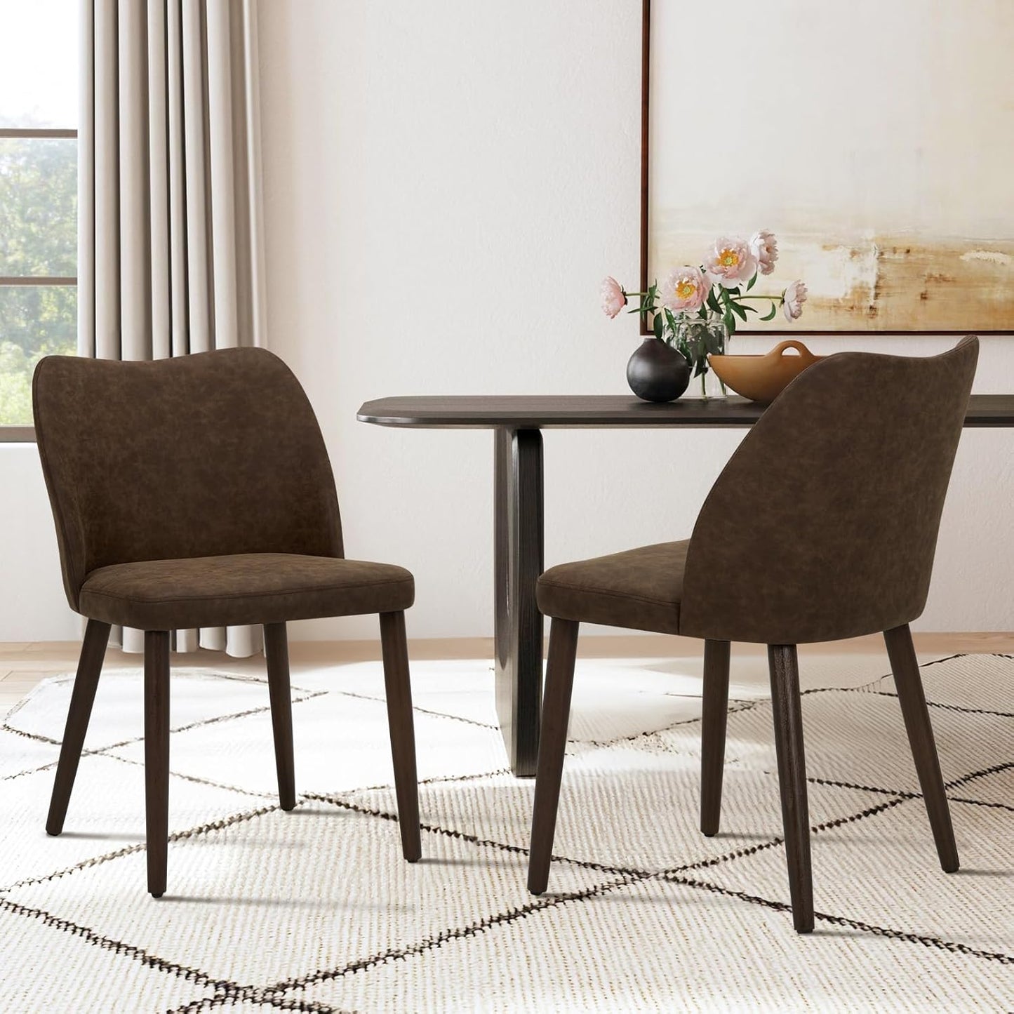 COLAMY Upholstered Dining Chairs Set of 4, Modern PU Leather Dining Room Kitchen Side Chair with Padded Seat and Wood Legs Restaurant/Cafe, Dark Brown