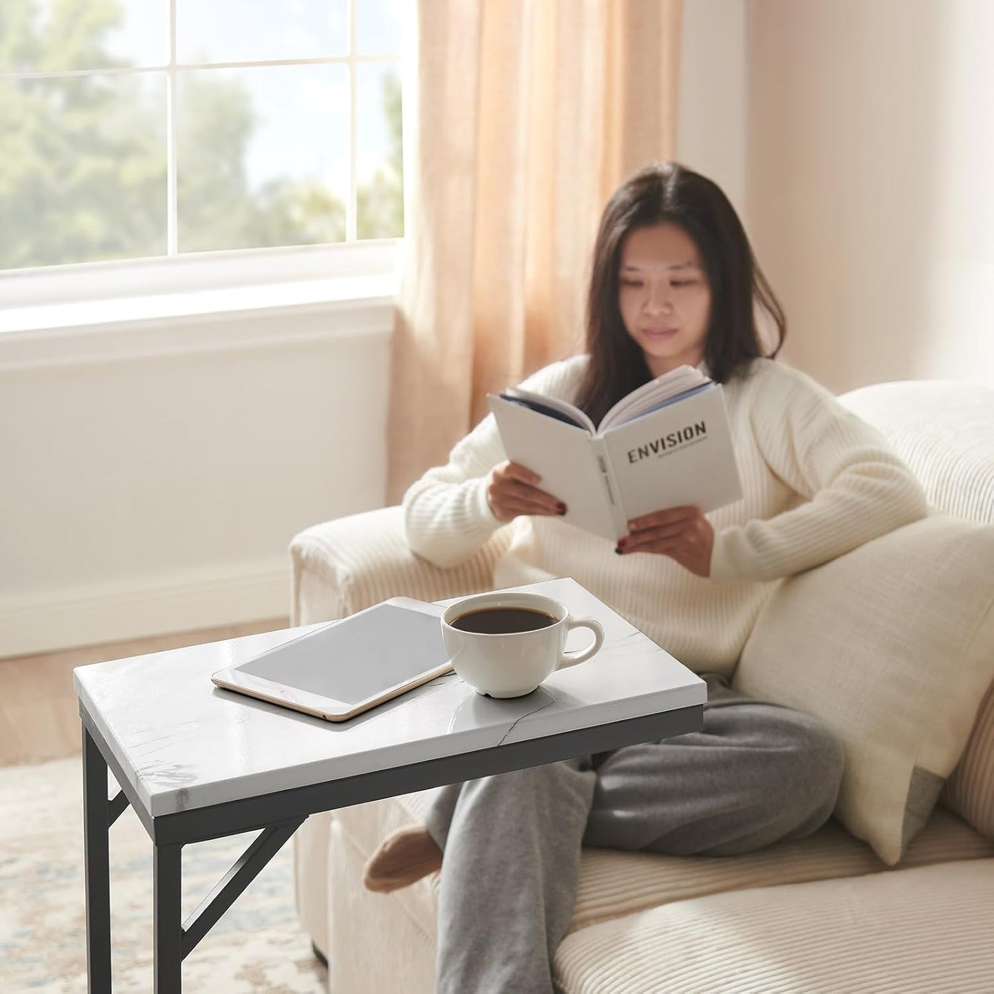 C-Shaped End Table, Small Sofa Table with Metal Frame, Adjustable Height Side Table for Couch, Living Room, Bedroom, Bedside (Black, Large)