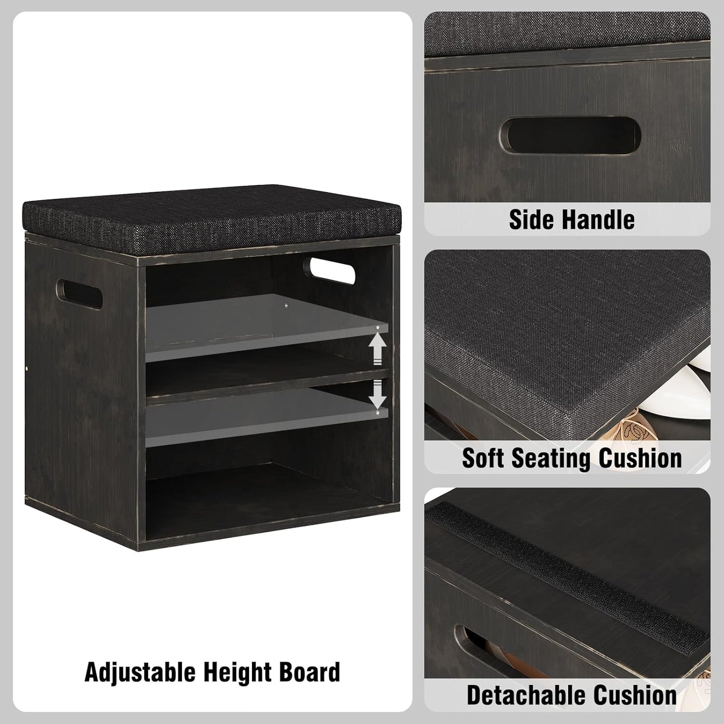 Bamboo Small Shoe Bench for Entryway 2 Tier Shoe Storage Bench with Cushion Adjustable Shoe Rack with Padded Seat for Living Room Hallway (Antique Black)