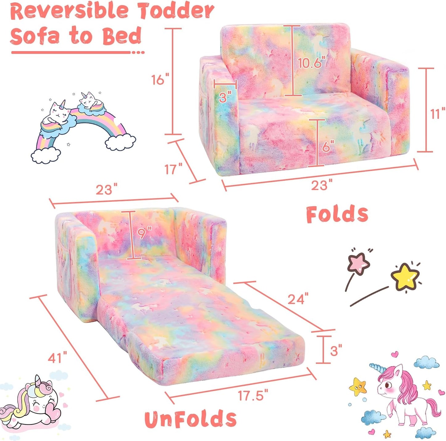 Toddler Couch,Toddler Chair,Kids Sofa Chair 2-in-1 Baby Seat Furniture Fold Out, Convertible Sofa to Lounger Soft Comfy Glow in The Dark Kids Sofa Bed Gifts for Kids Girl Boys,Unicorn