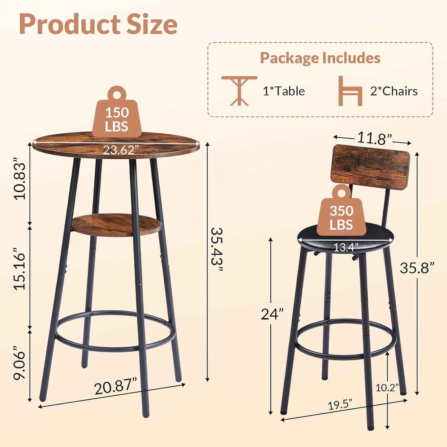 3 Pieces Round Bar Table and Chair Set, Small Dining Table for 2, Breakfast Table with Storage, Modern Kitchen Bar Table, 2 Upholstered Stools with Backrest for Dining Room & Bistro-Brown