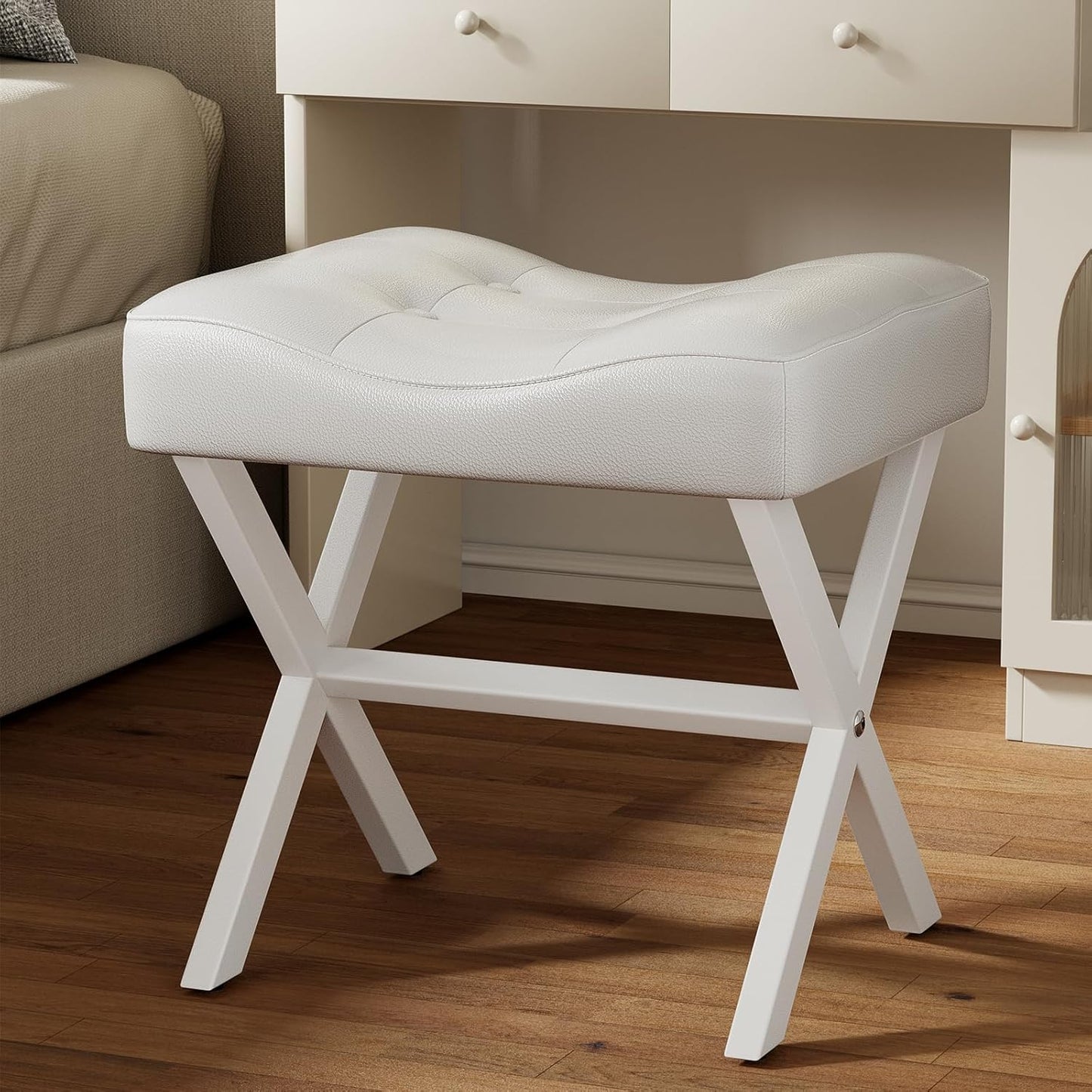 18-Inch Large Leather Vanity Stool, Vanity Chair with Metal X-Leg, Ottoman Foot Stool with Thick Padded Saddle Seat, White