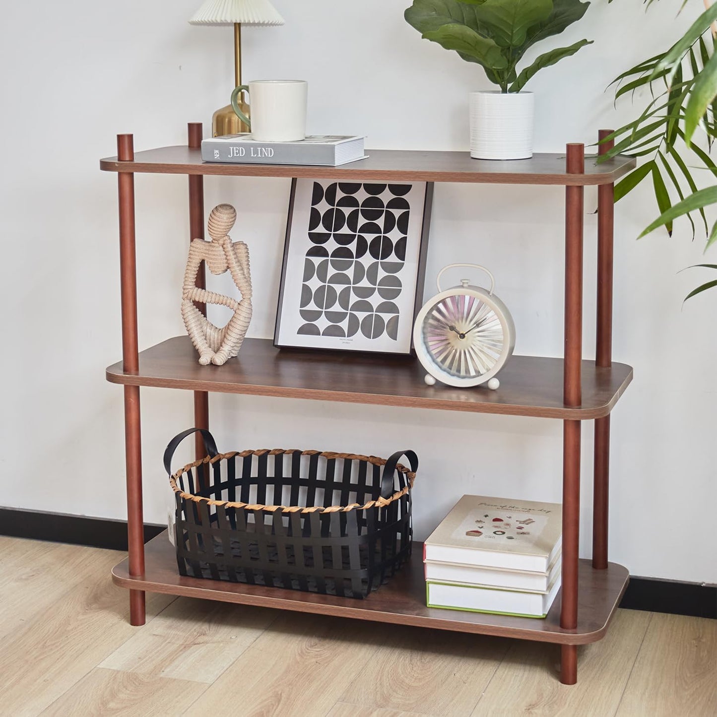 3 Tier Vintage Bookcase with Wood Frame Easy Assemble Construct for Hallway,Entryway Side Table with Storage Shelves Home Office in Living Room (31.5 in)