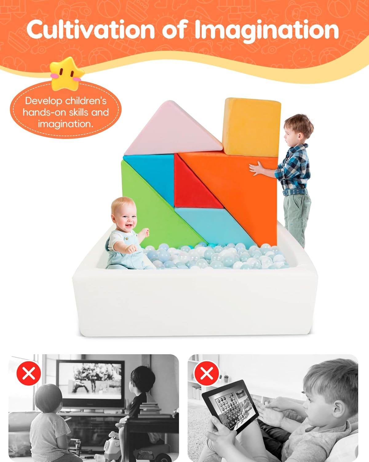 Kids Play Sofa, Tangram Square Puzzles Couch Furniture, Modular Kids Play Couchs Furniture, Puzzle Solving Couch Building Fort for Playroom Bedroom Boys Girls Teens, Rainbow