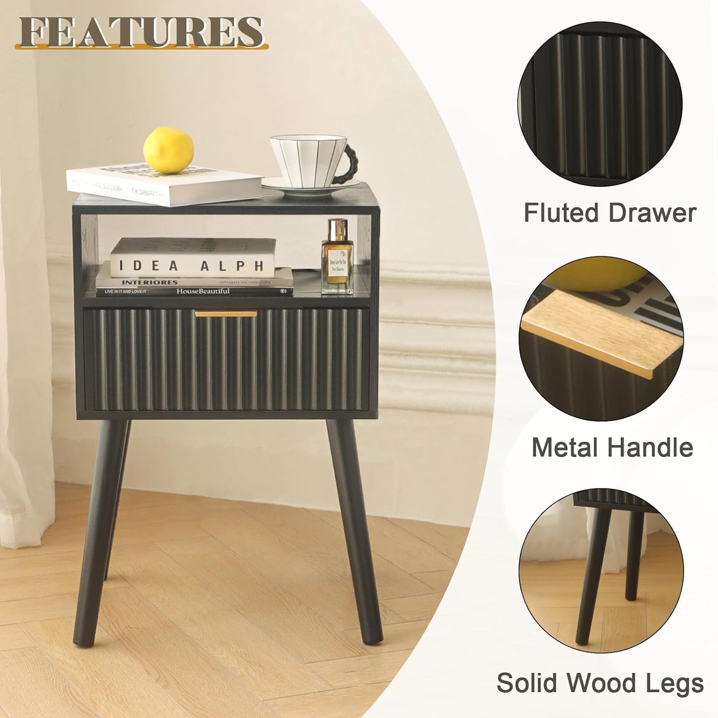 Black Nightstand with Charging Station, Mid Cetury Modern Nightstand with Drawers, Fluted End Side Table with Solid Wood for Bedroom, Dorm and Small Space (Black)