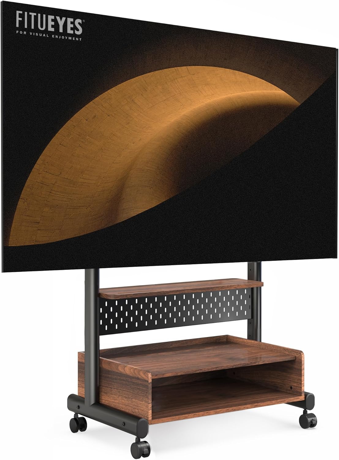 FITUEYES Rolling TV Floor Stand for 40-85in TVs, Heavy Duty Mobile TV Stand on Wheels Lockable, TV Cart with Wooden Large Storage Shelf & Pegboard Hold up to 132 lbs for Bedroom, Living Room, Office