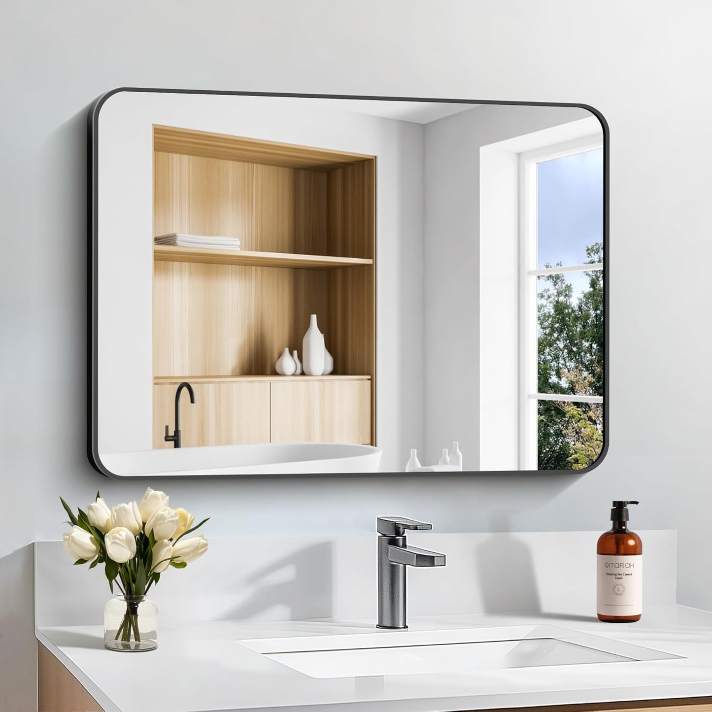 Bathroom Mirror, 18 x 24 inch Metal Framed Black Rectangle Mirror, Rounded Corner Rectangular Vanity Mirror, Wall Mounted Mirror for Modern Bedroom Living Room Hangs Horizontal or Vertical