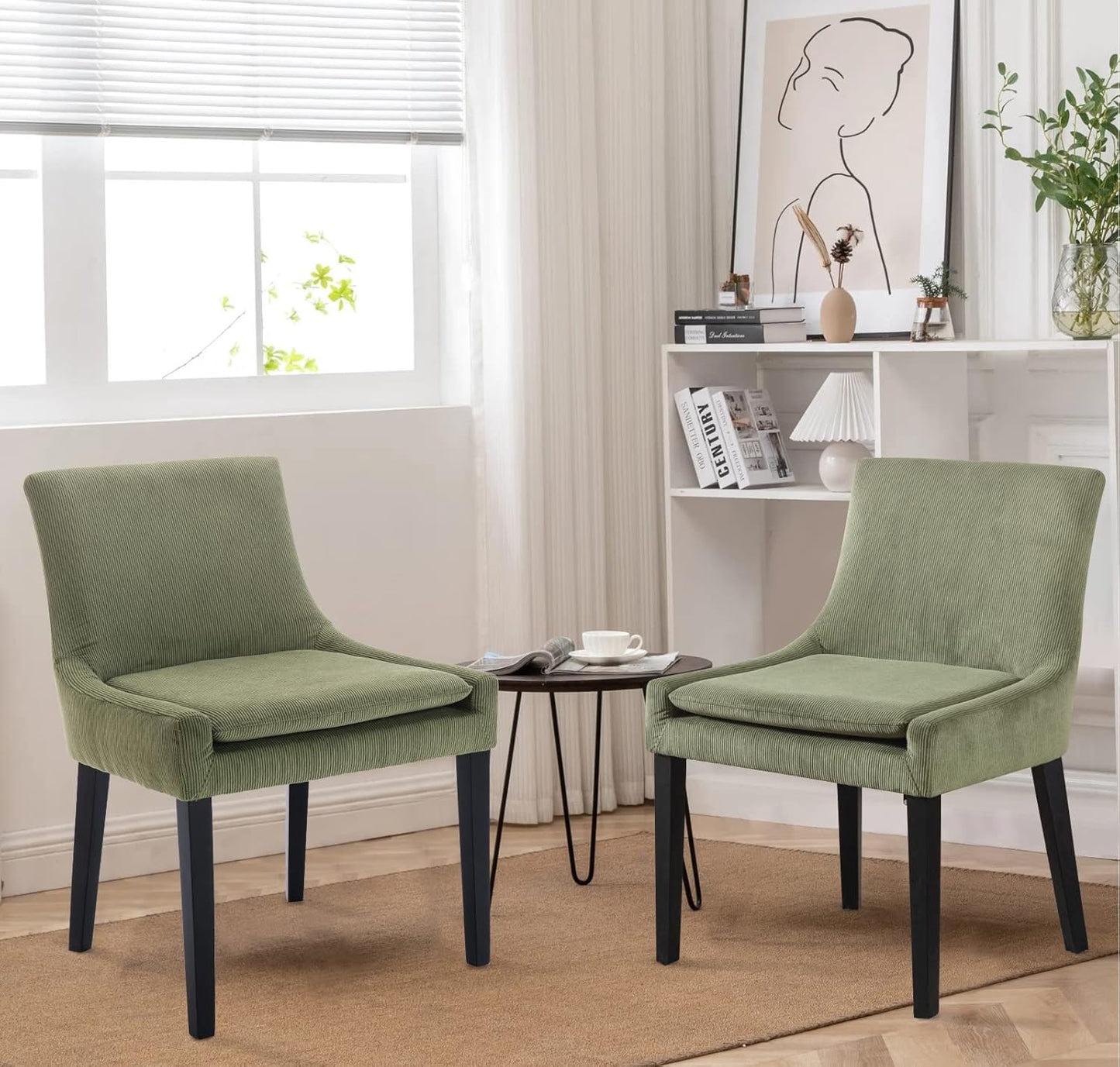 COLAMY Modern Dining Chairs Set of 2, Upholstered Corduroy Accent Side Chairs with Mid Back and Wood Legs for Living Room/Dining Room- Light Green