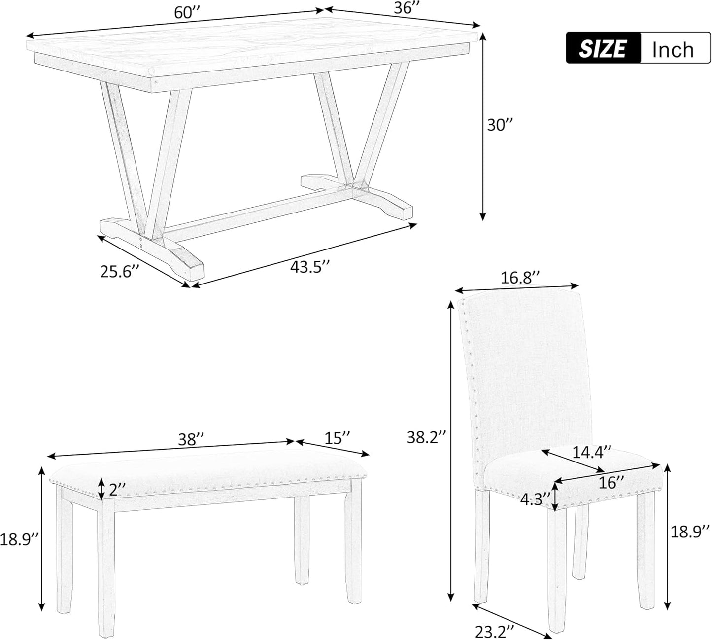 Ball & Cast 6 Piece Dining Table Set with 4 Chairs & 1 Bench,Living Room Furniture W/ 60" Rectangle Marbled Veneers Tabletop Kitchen Desk,for Restaurant,Home Bistro,White