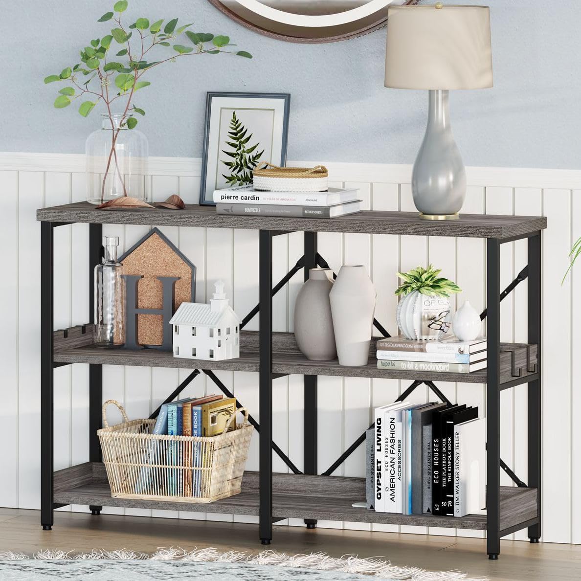 BON AUGURE Entry Table, 47 Inch Console Tables for Entryway, Narrow Couch Table Behind Sofa for Living Room, Wood 3 Tier Shelves Organization Tables for Foyer, Hallway (Dark Grey Oak)