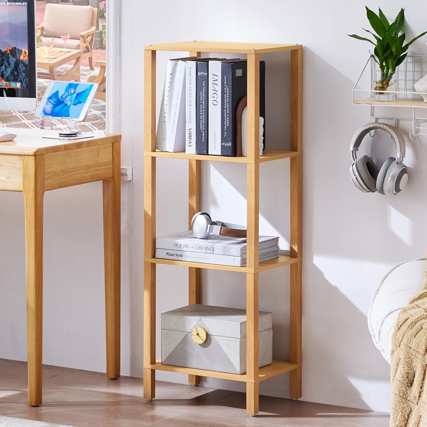 4 Tier Tall Bookshelf with Storage - Small Bookcase for Small Spaces, Shelf for Living Room, Office, Bedroom, Kitchen - Industrial Modern Natural Book Shelf