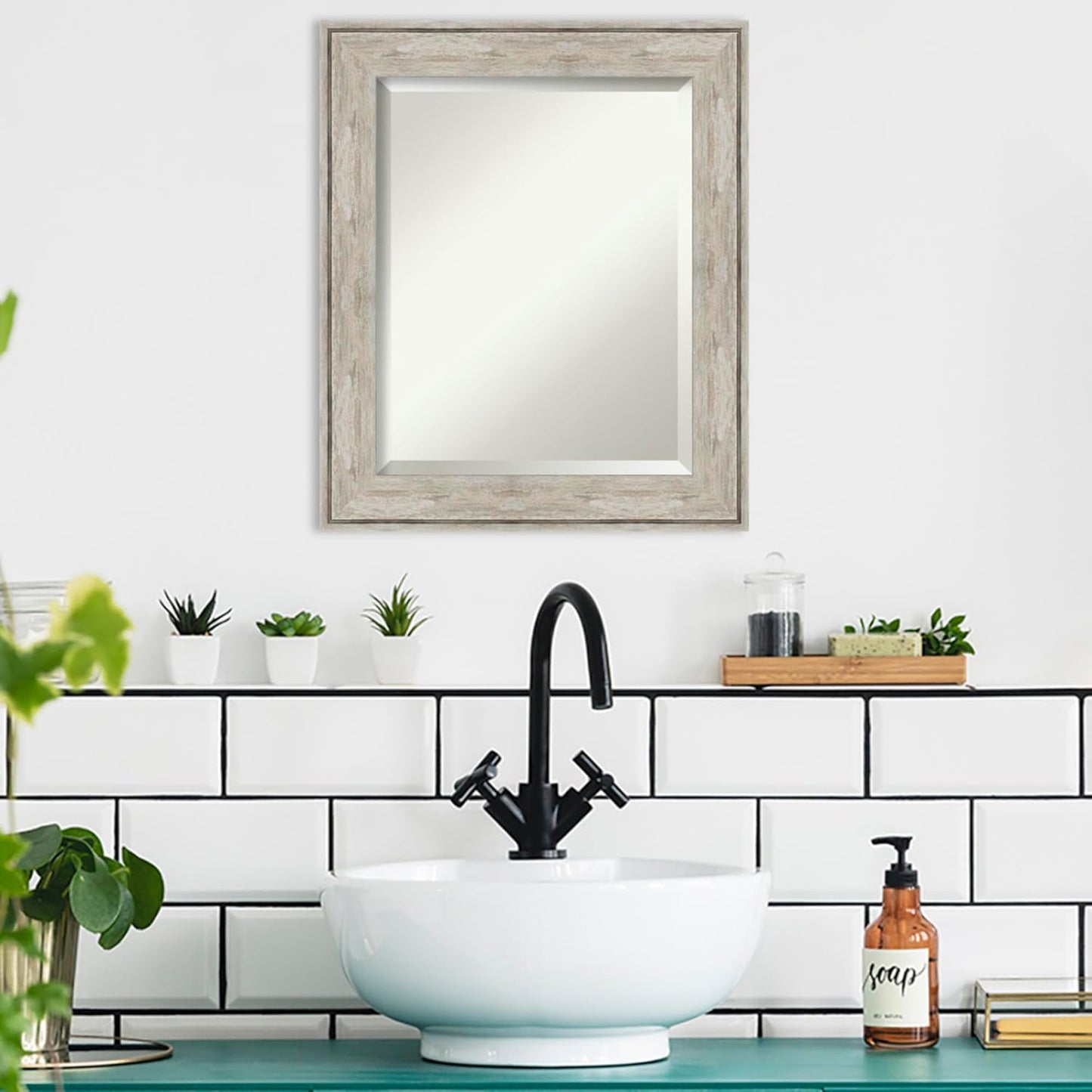 Amanti Art Silver Bathroom Mirror for Over Sink, 25x21 Crackled Metallic Rectangle Vanity Mirror, Small Rustic Farmhouse Frame, Hangs Horizonally and Vertically, Bathroom Wall Decor, Beveled Edge