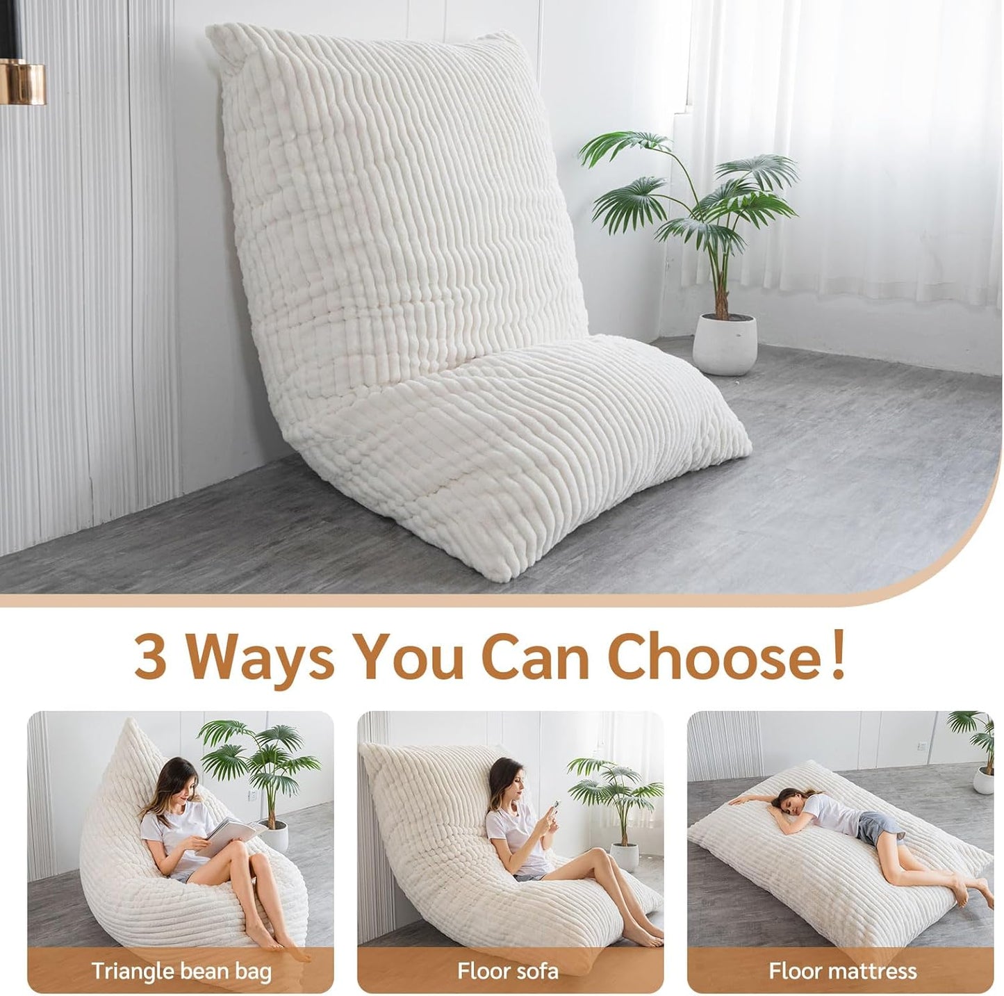 BYBYME 3 in 1 Bean Bag Chairs, Bean Bag Bed for Adults High-Density Foam Filling, Convertible Sofa Bed Faux Fur, Giant Bean Bag Chairs for Adults