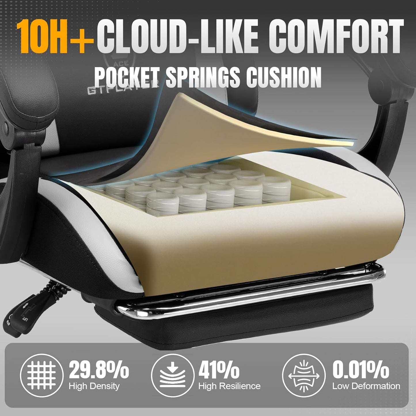 GTRACING Gaming Chair with Foot Rest & Pocket Spring Cushion, Ergonomic High Back Computer Chair with Headrest & 360°-Swivel Seat for Home Office Desk, PU Leather, White/Black