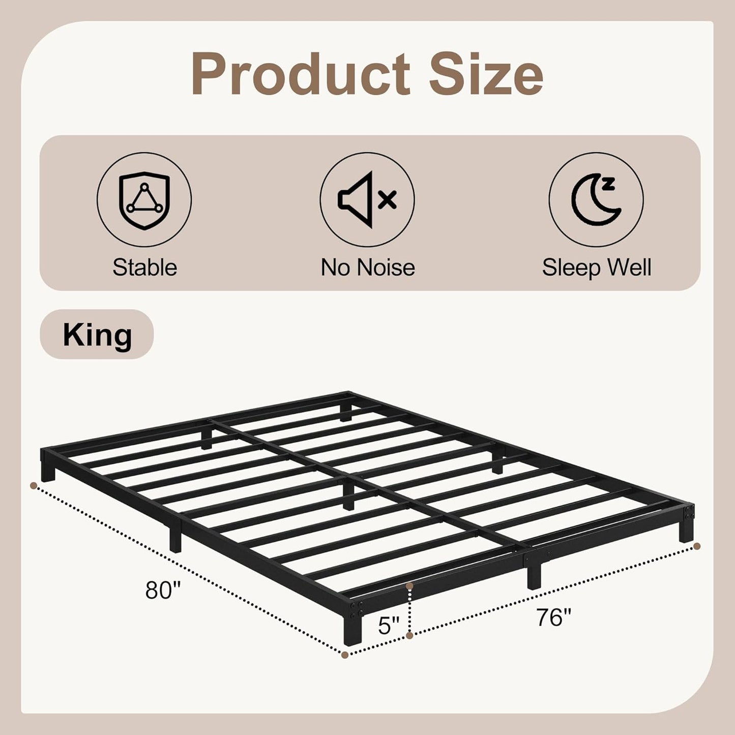 5 Inch Low King Size Bed Frame, Heavy Duty Bed Frame King Size Low Profile, No Box Spring Needed, Easy Assembly, Noise Free, Black