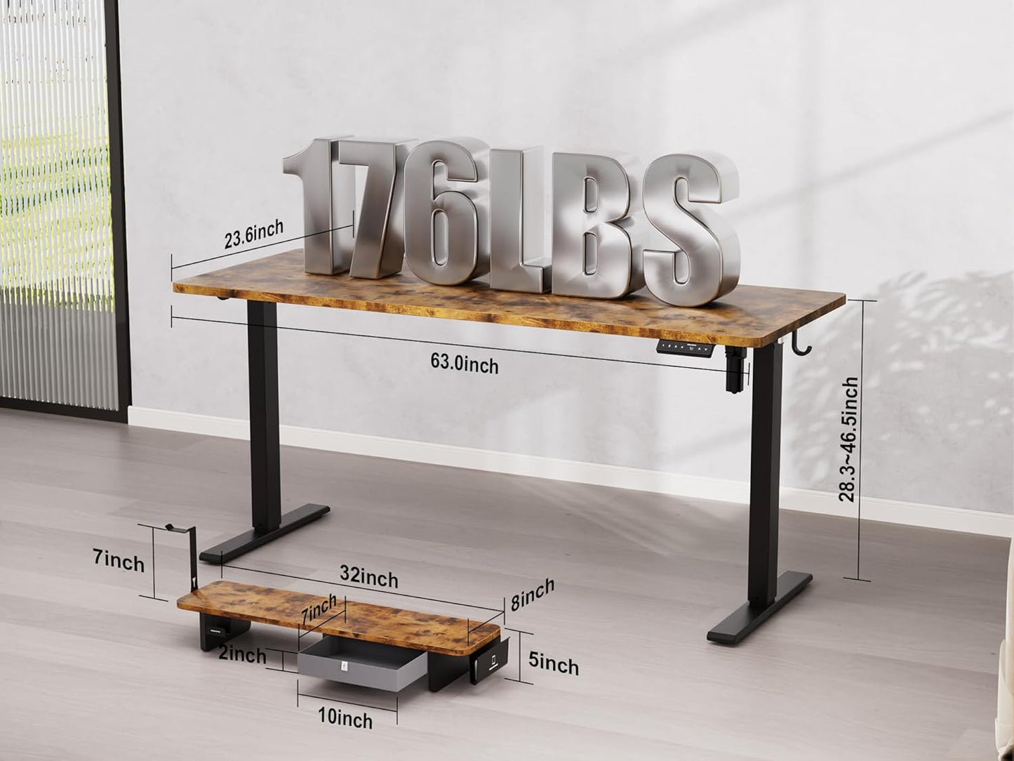 63x24 Inches Electric Standing Desk with Drawer and Monitor Stand, Height Adjustable Sit to Stand up Desk for Home Office, Ergonomic Computer Table with Phone Holder, 3 Hooks, Rustic Brown
