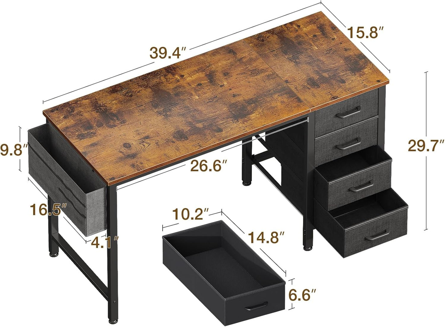 Casaottima 40-Inch Small Desk with 4 Fabric Drawers, Compact Study Desk for Students and Kids, Space-Saving Work Table for Bedroom or Small Spaces, Vintage