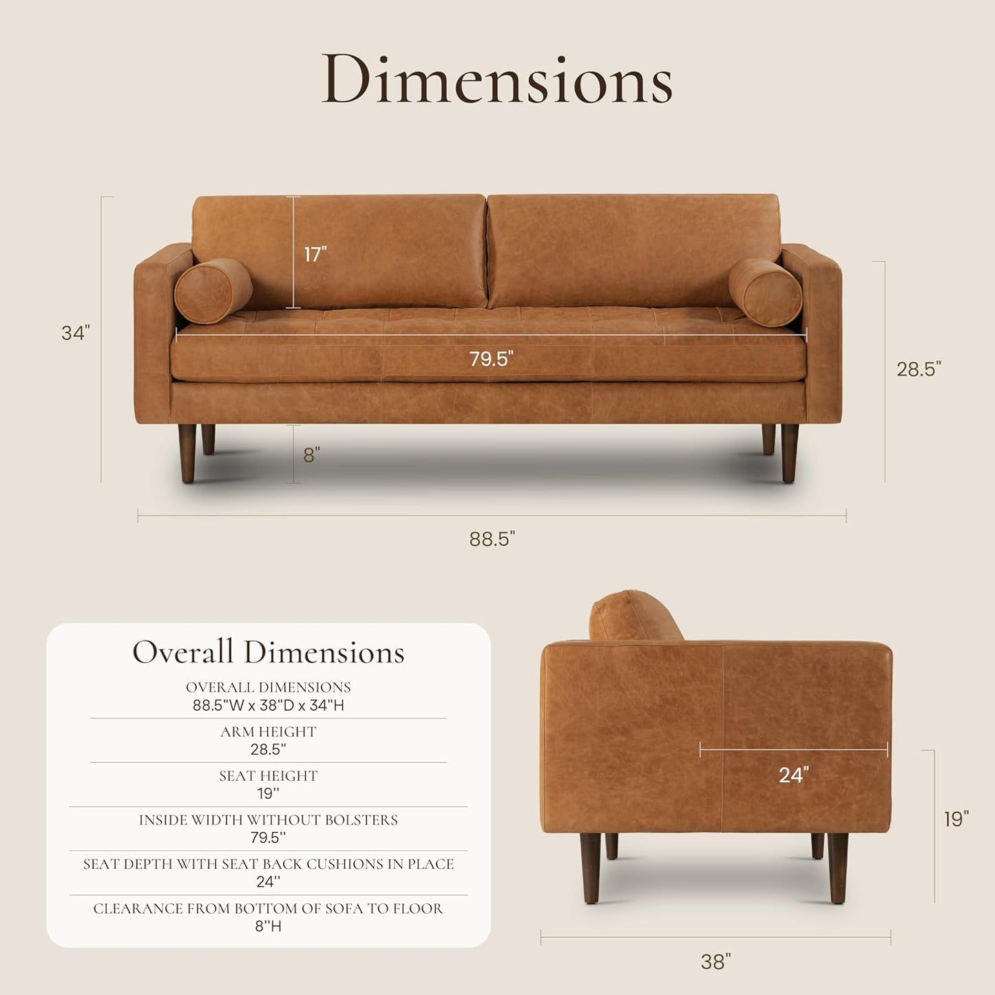 Poly & Bark Napa Leather Couch - 88.5-Inch Office Sofa with 2 Bolsters - Full-Grain Leather Sofa for Living Room with Feather-Down Topper - Living Room Couch - Vintage Italian Leather in Cognac Tan