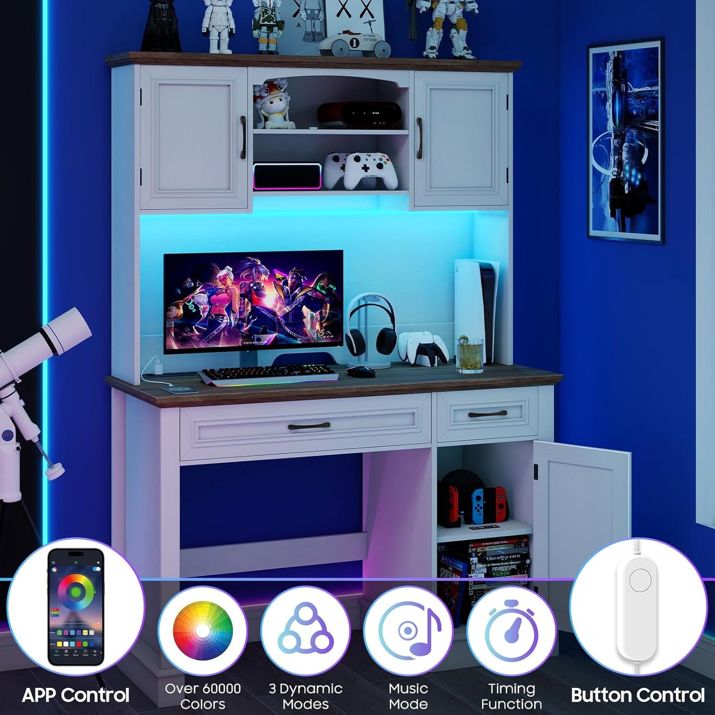 Farmhouse 47" Executive Desk with Hutch, 2 Drawers and LED Light, Computer Desk with Storage Cabinet and Charging Station,Workstation for Home Office and Study.Unique White