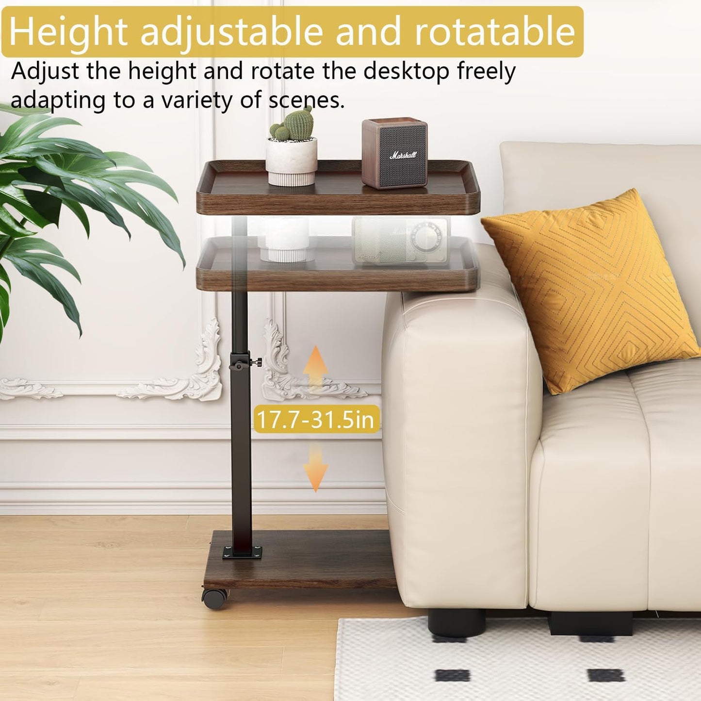 C Table End Table Adjustable Height, 360°Swivel TV Tray Table for Small Spaces, Couch Tables That Slide Under, C Shaped Side Tables with Wheels for Living Room and Bedroom, Bed
