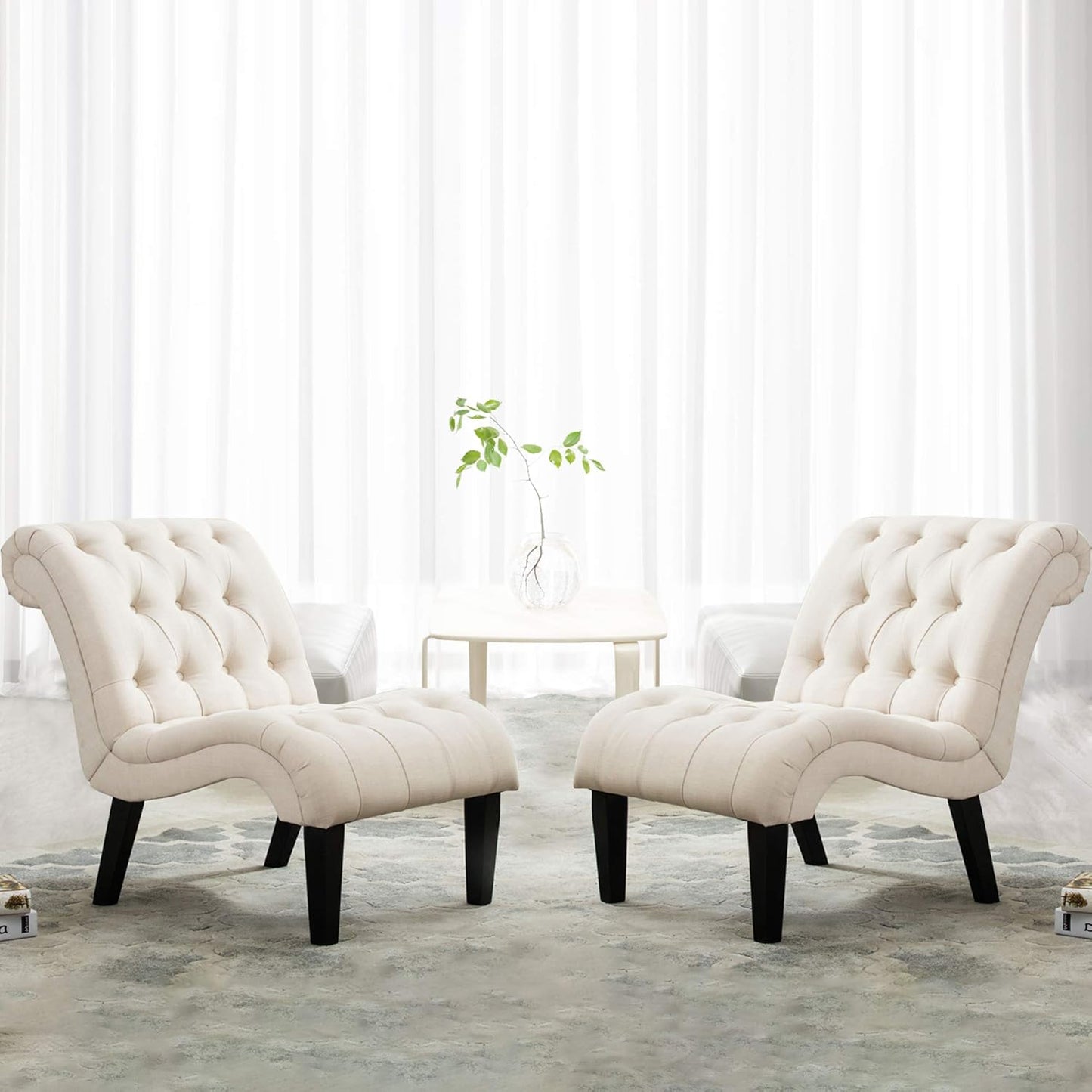 Yongqiang Accent Chairs for Living Room Set of 2 Upholstered Tufted Bedroom Chairs Curved Armless Side Chairs with Wood Legs Linen Fabric