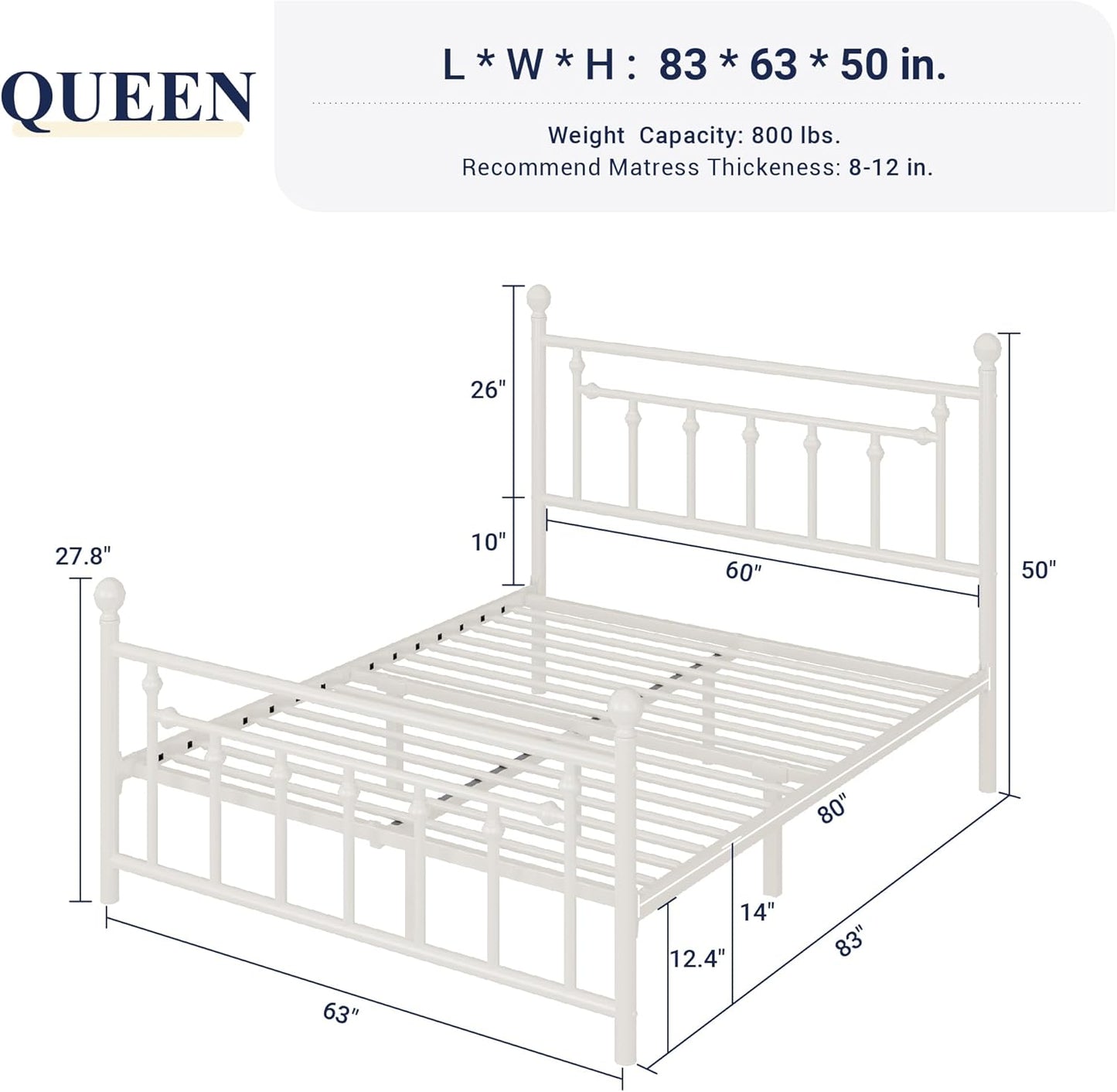 Allewie 14 Inch Queen Size Metal Platform Bed Frame with Victorian Vintage Headboard and Footboard/Mattress Foundation/Under Bed Storage/No Box Spring Needed/Easy Assembly/Noise Free/White