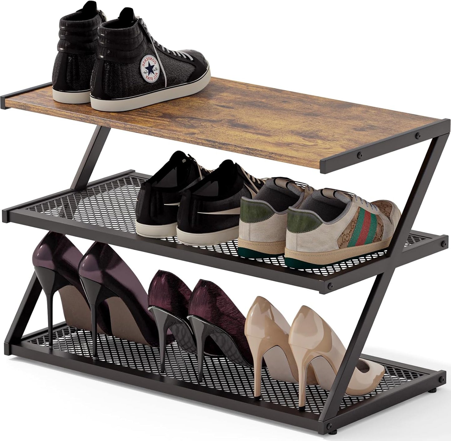 Z-Frame Shoe Rack with Wooden Top & Metal Mesh Shelves - Space-Saving Storage for Hallway, Living Room, Closet & Bedroom (24.41" x 11.02" x 16.14")