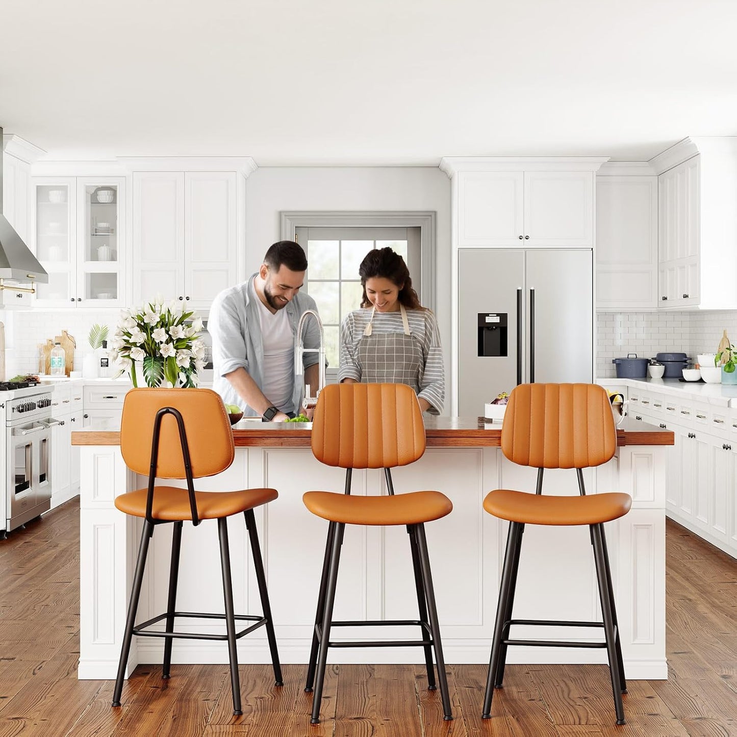 24-Inch Leather Bar Stools Set of 2, Counter Height Barstools with High Backrest，Bar Chairs for Kitchen Island with Heavy Duty Metal Legs, Brown