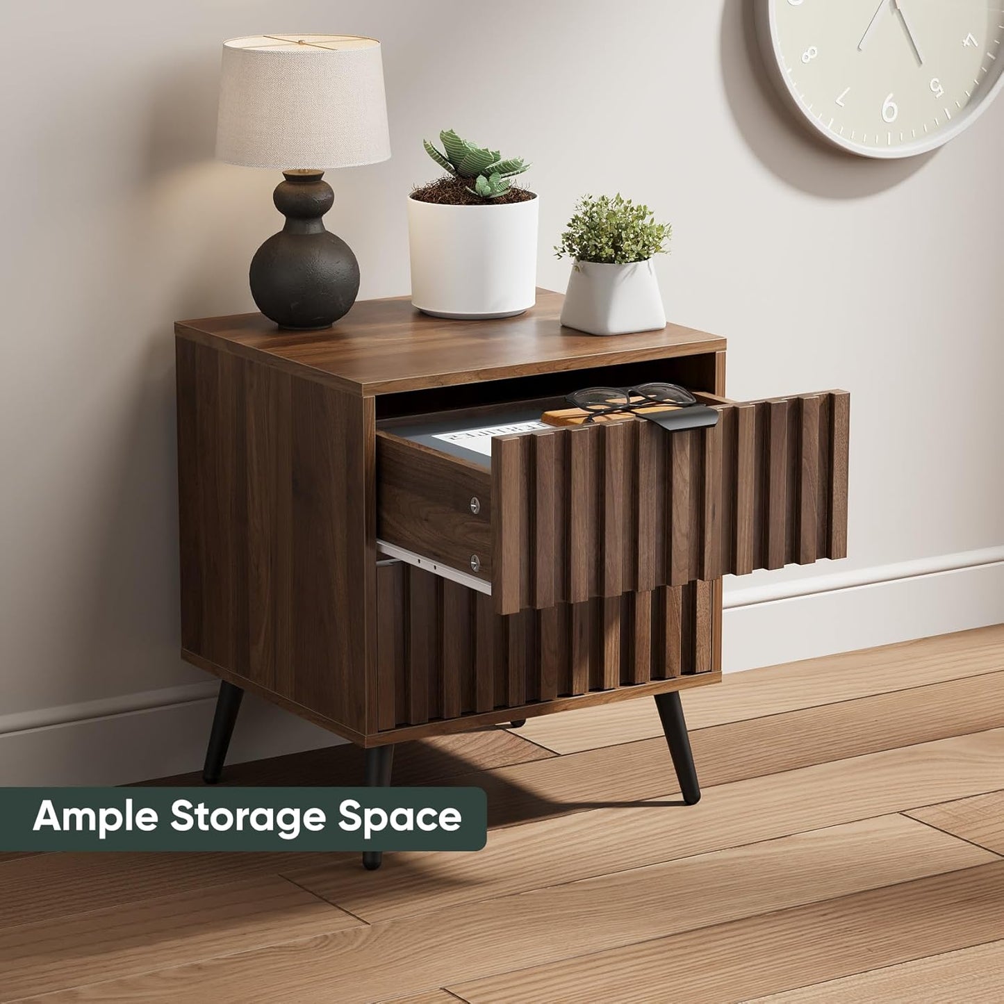 Nightstands, Walnut Fluted Night Stand, Mid Century Modern Nightstand, Bedside Table with Seamless Slatted Drawer, End Tables Bedroom with Metal Legs, Night Stand for Bedroom