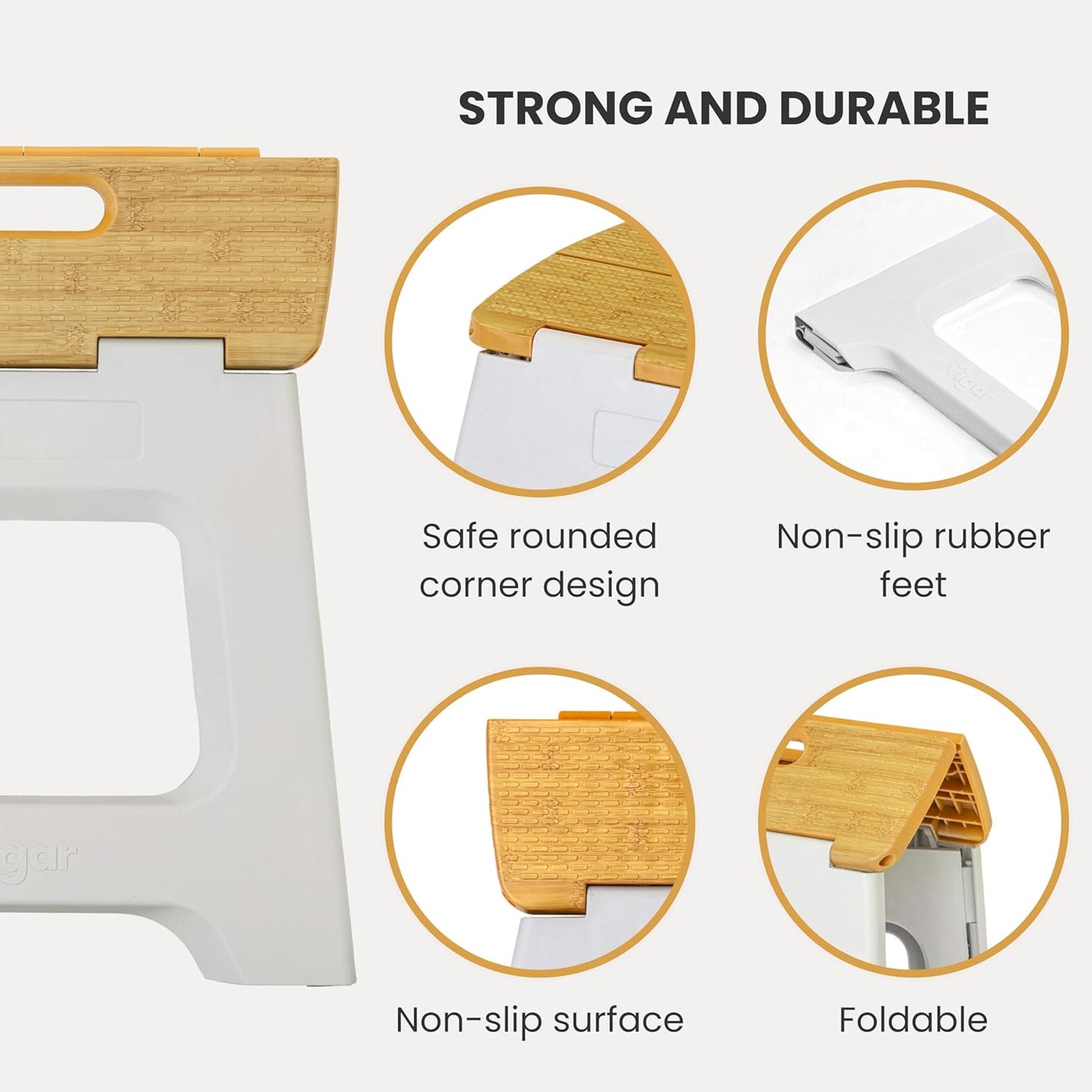 Vigar Compact Step Stool Foldable, 12-1/2-inch Step Stools for Adults up to 330 Pound, Lightweight Stool, Non-Slip Folding Step Stool, Grey, Bamboo Print on Top