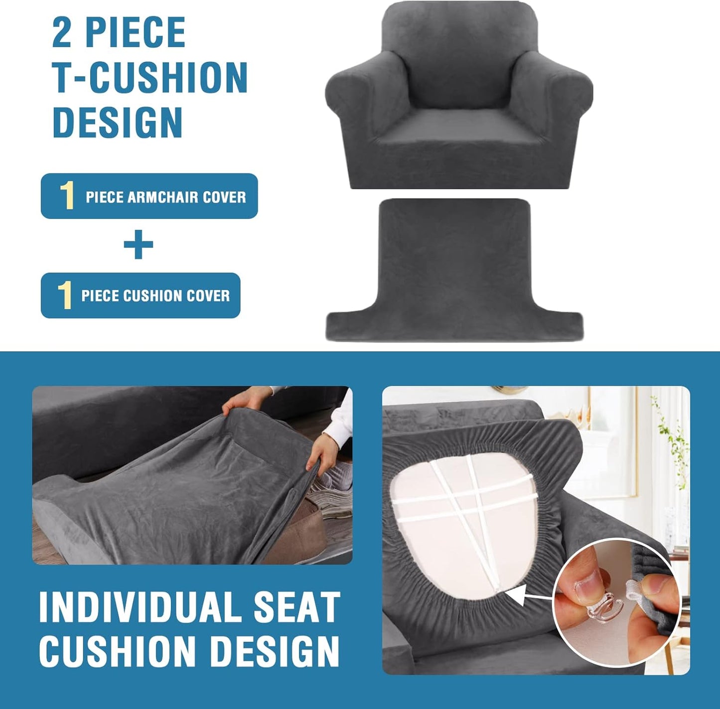 H.VERSAILTEX Sofa Cover 2 Piece T Cushion Armchair Slipcovers Thick Velvet Couch Cover Furniture Protector Stretch T Cushion Sofa Covers for 1 Cushion Couch with 1 Individual T Cushion Covers, Grey