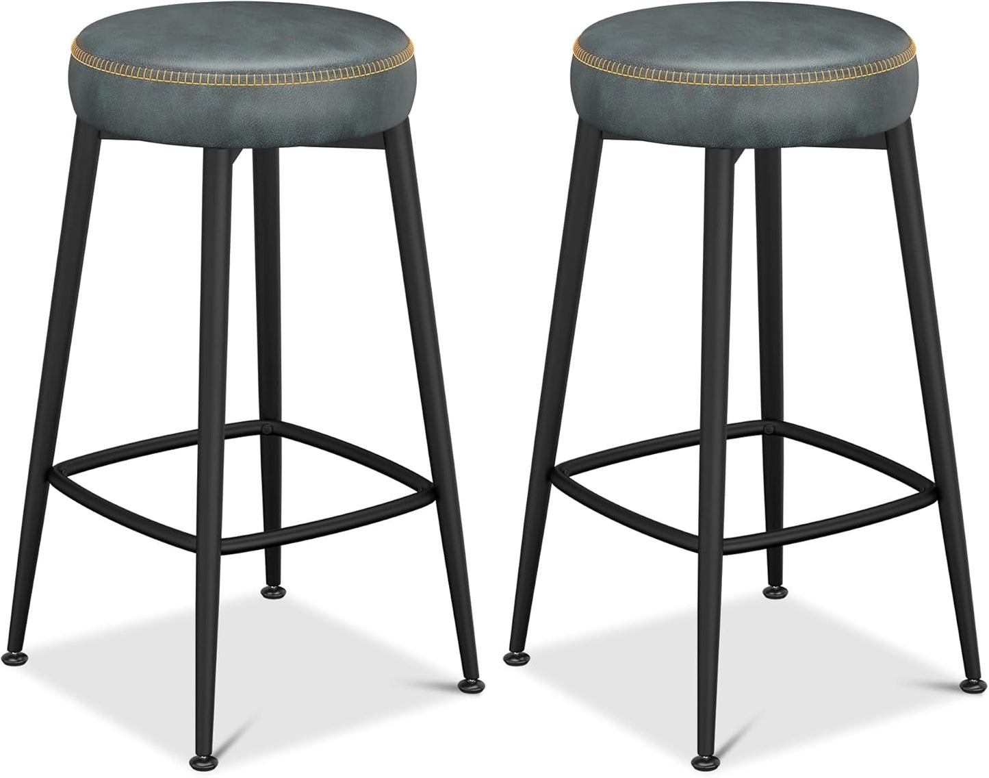 Counter Height Bar Stools, 26" H Backless Bar Stools Set of 2, Upholstered Faux Leather Kitchen Counter Stools, Mid Century Modern, Kitchen Island Home Bar, Pub, Black Blue