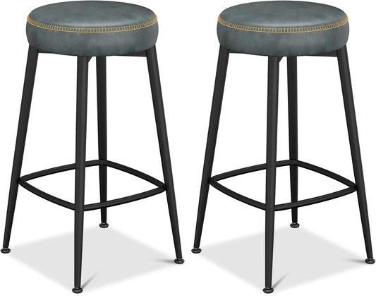 Counter Height Bar Stools, 26" H Backless Bar Stools Set of 2, Upholstered Faux Leather Kitchen Counter Stools, Mid Century Modern, Kitchen Island Home Bar, Pub, Black Blue