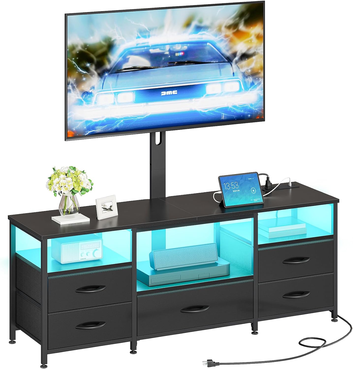 HOOBRO TV Stand with Mount and Power Outlet, for 32/45/55/60/65 inch TVs, Swivel Led Entertainment Center with Drawers, Adjustable Media Console for Living Room, Bedroom, Black BB130UDDS01