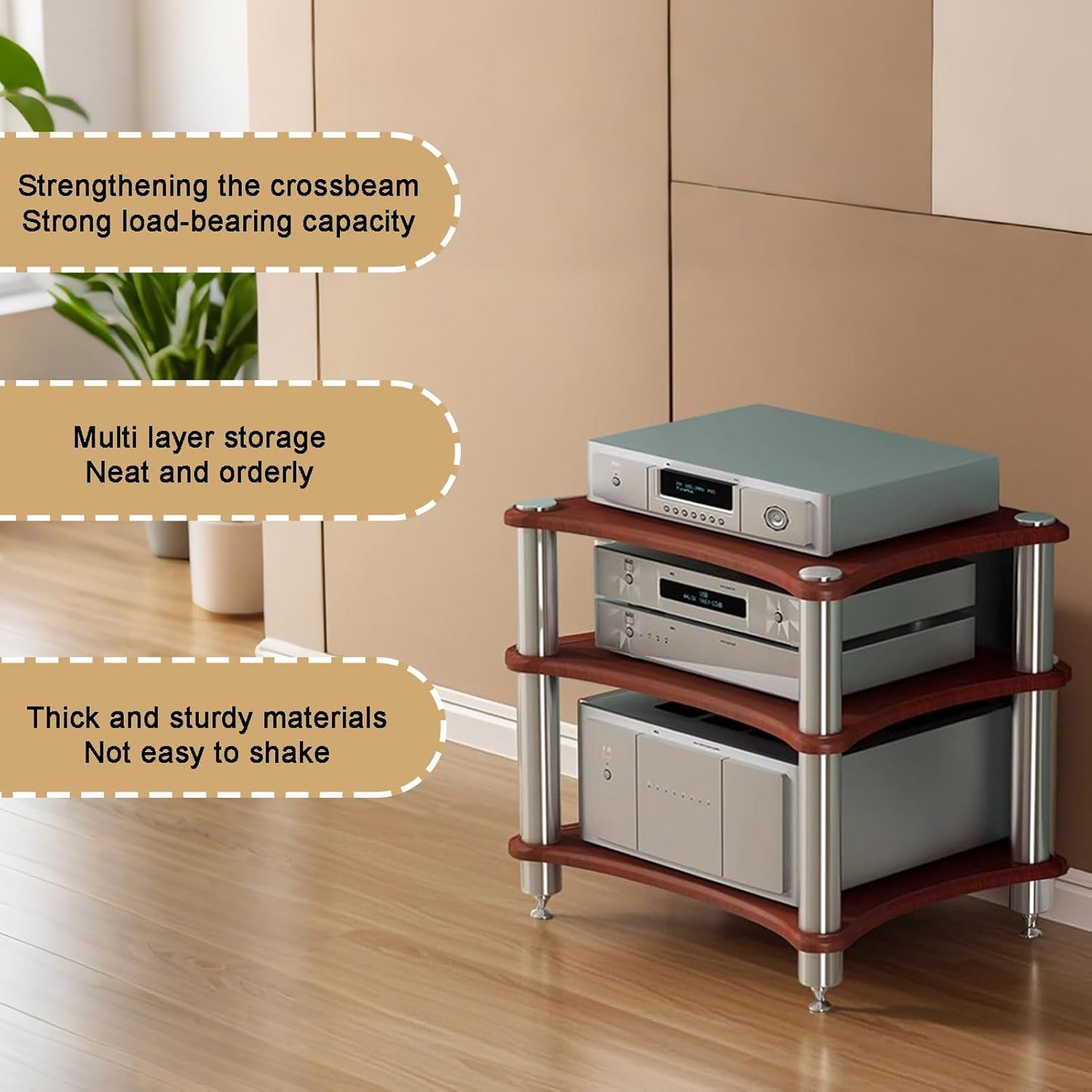 3-Tier AV Media Stand, Stereo Racks and Stands, Video Component Cabinet Audio Rack Tower for DVD Player Game Console TV Box WiFi Routert (Dark Wood, 3-Tier)