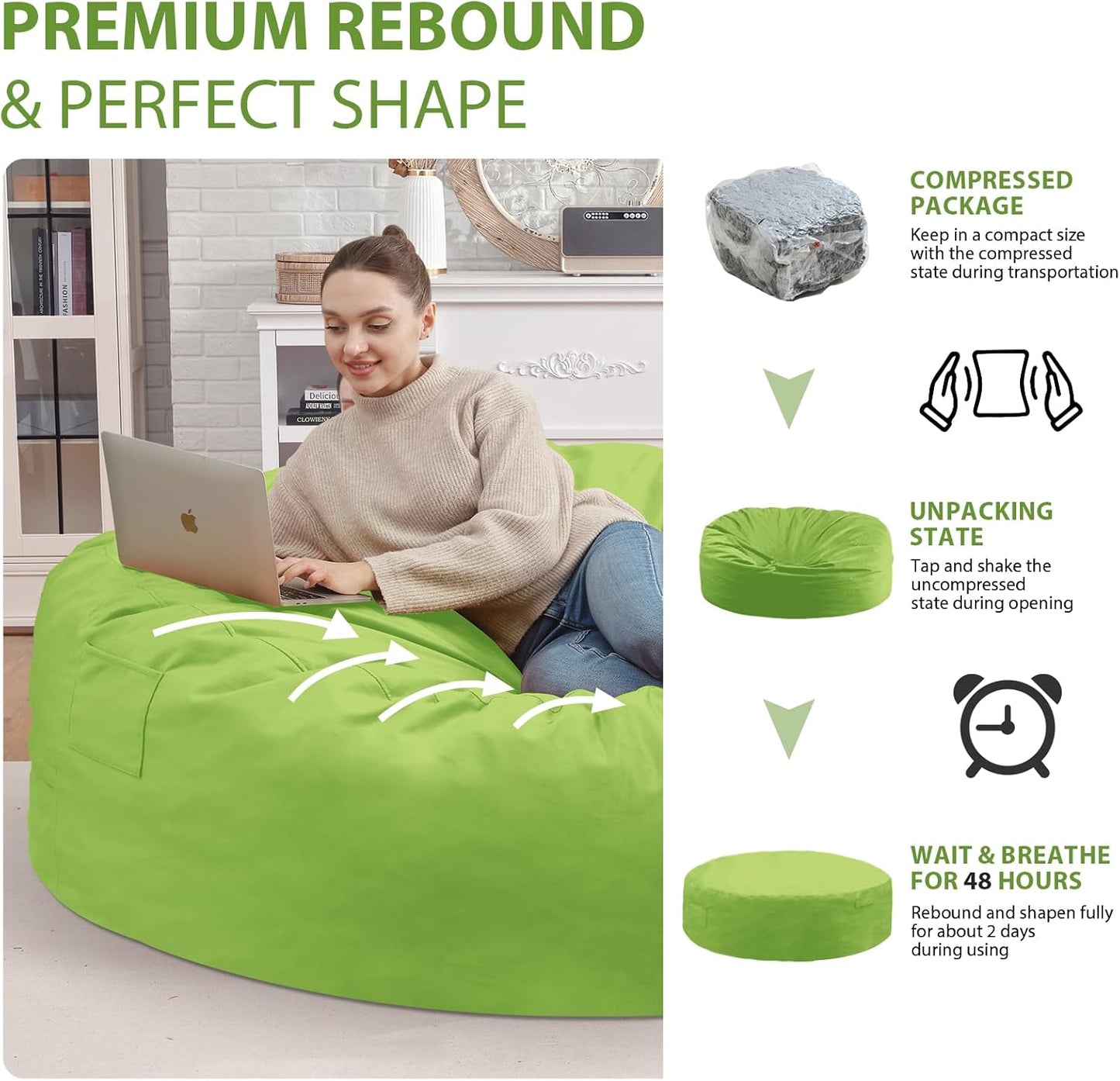 7FT Bean Bag Chair, Large Bean Bag Chairs with Memory Foam Filled, Fluffy Beanbag Sofa with Dutch Velvet Cover, Round BeanBag Chairs for Living Room, Playroom - Lime