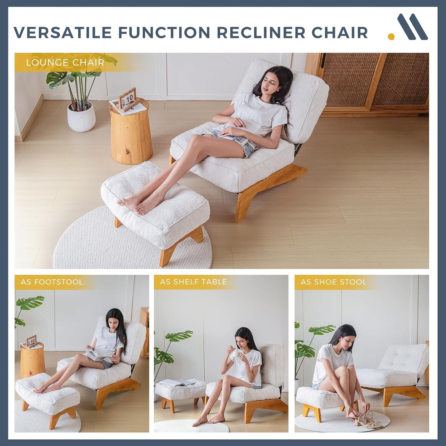 MAXYOYO Adjustable Accent Chair with Ottoman, Thick Cushion Seated Lounge Chair Reclining Chair for Living Room, Cozy Recliner and Footrest Set, Beige