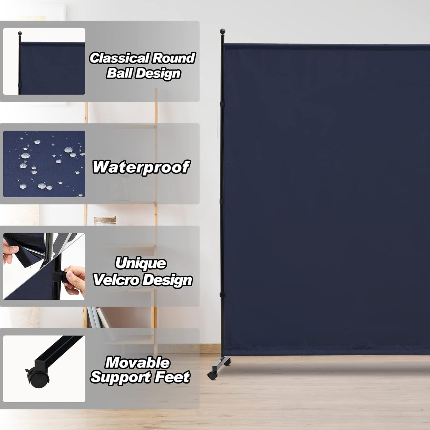 6FT Single Panel Room Divider with Wheels,Rolling Fabric Room Dividers for Partition Privacy Screens,Freestanding Wall Divider for Home Office,Restaurant,Hospital(Blue)